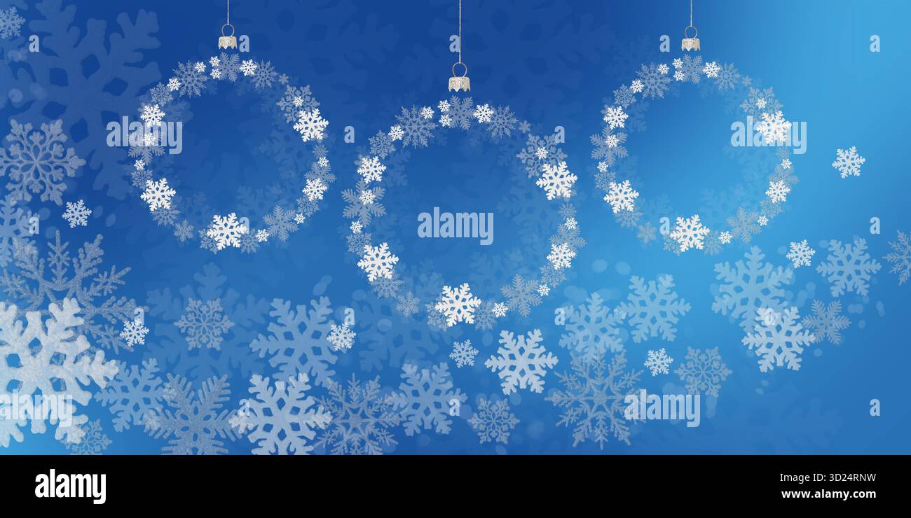 Sfondo blu natalizio di fiocchi di neve bianchi a forma di palla su un albero di Natale. Cartolina per Capodanno e Natale con spazio per saluti, etichette e il tuo design. Foto Stock