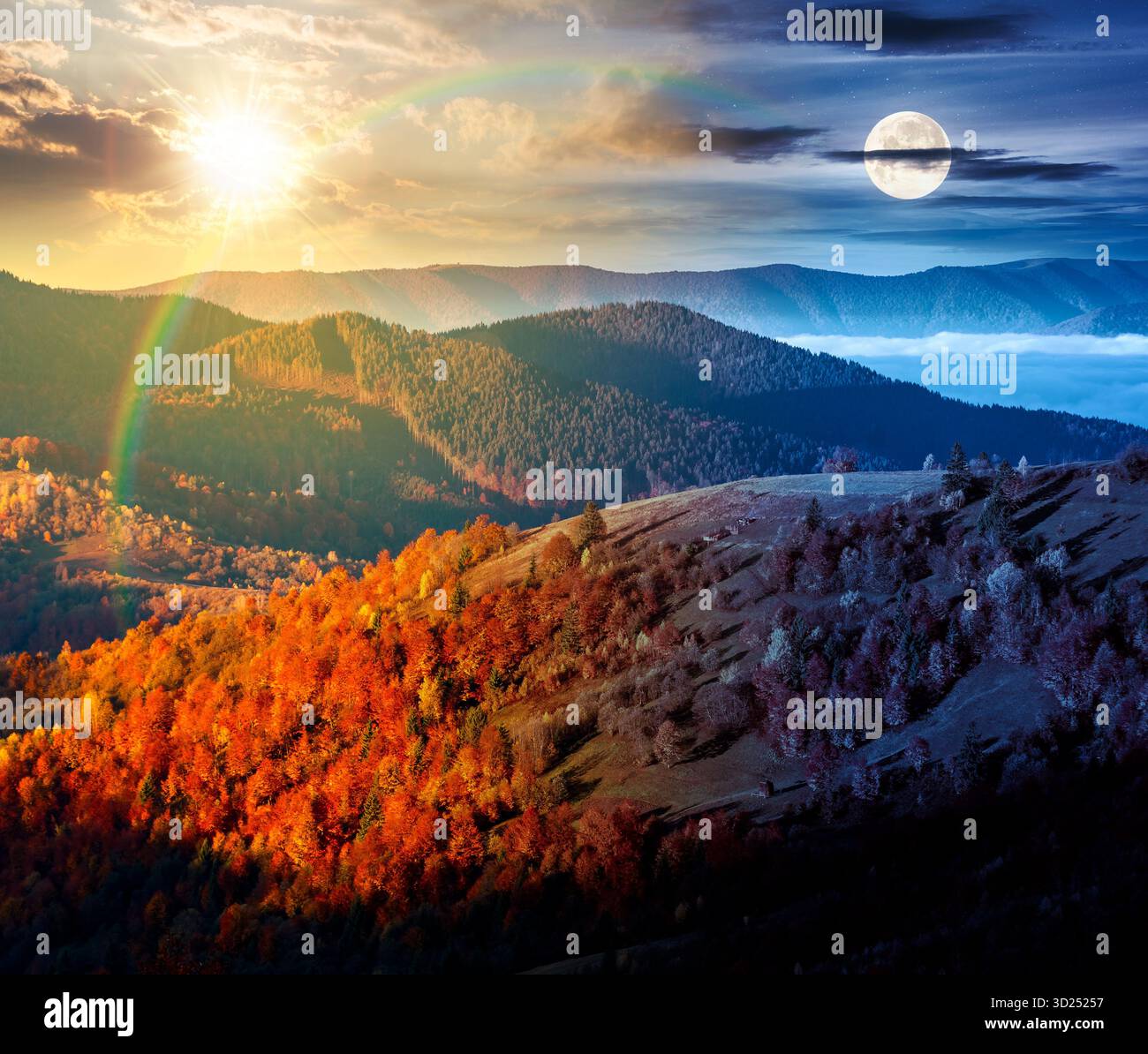 paesaggio montano in equinozio autunnale. concetto di cambiamento di orario diurno e notturno. destinazione panoramica per un fine settimana con sole e luna al crepuscolo. nebbia nel di Foto Stock