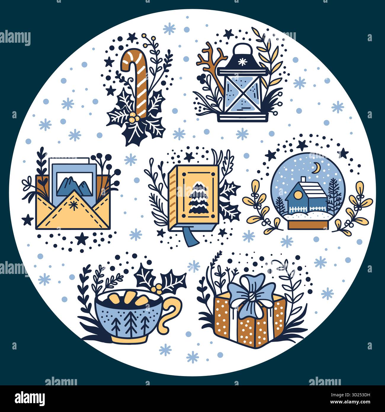 Set isolato vettoriale per illustrazioni natalizie rotonde in colori alla moda Illustrazione Vettoriale