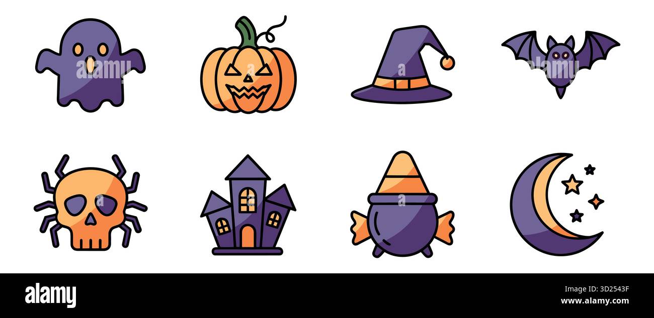 Collezione di icone a tema halloween, tra cui una mazza di zucca fantasma e una casa infestata dai fantasmi Illustrazione Vettoriale