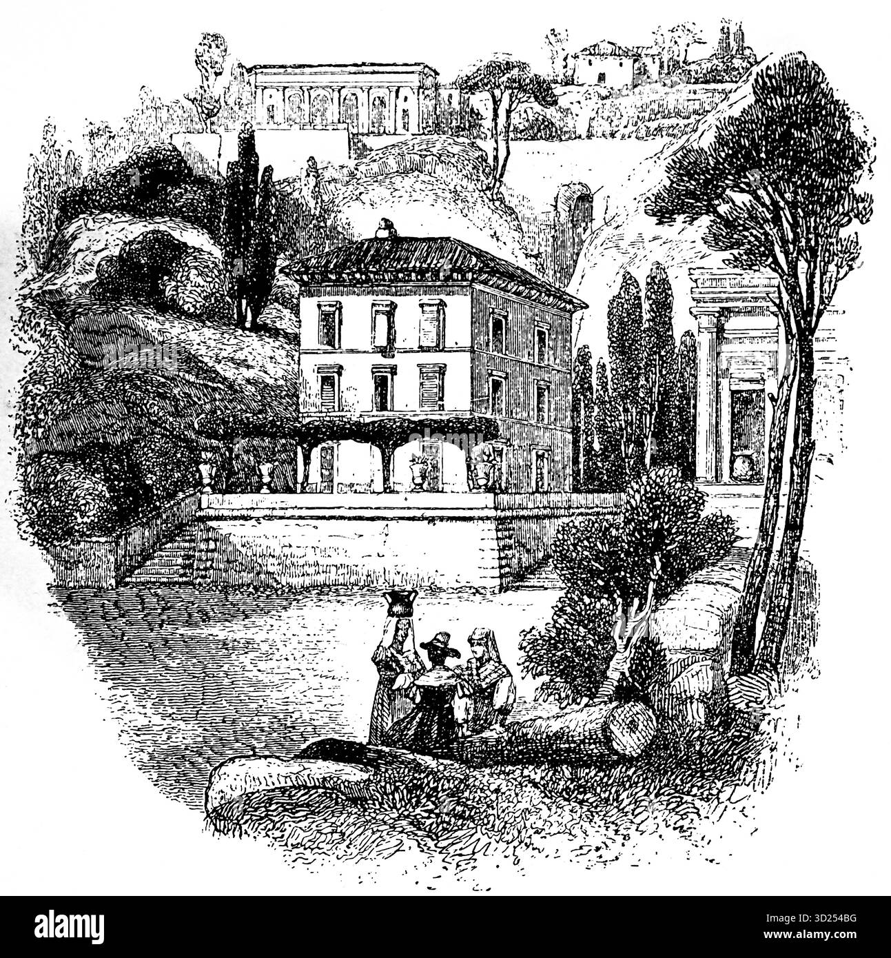 Tipica architettura italiana, case, giardini e gente del posto, viaggio, illustrazione storica 1900 Foto Stock