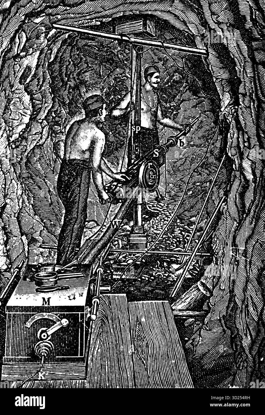 Trapano elettrico utilizzato per la costruzione di tunnel, Sierra Nevada, Ande Mountains, Columbia, illustrazione storica 1900 Foto Stock