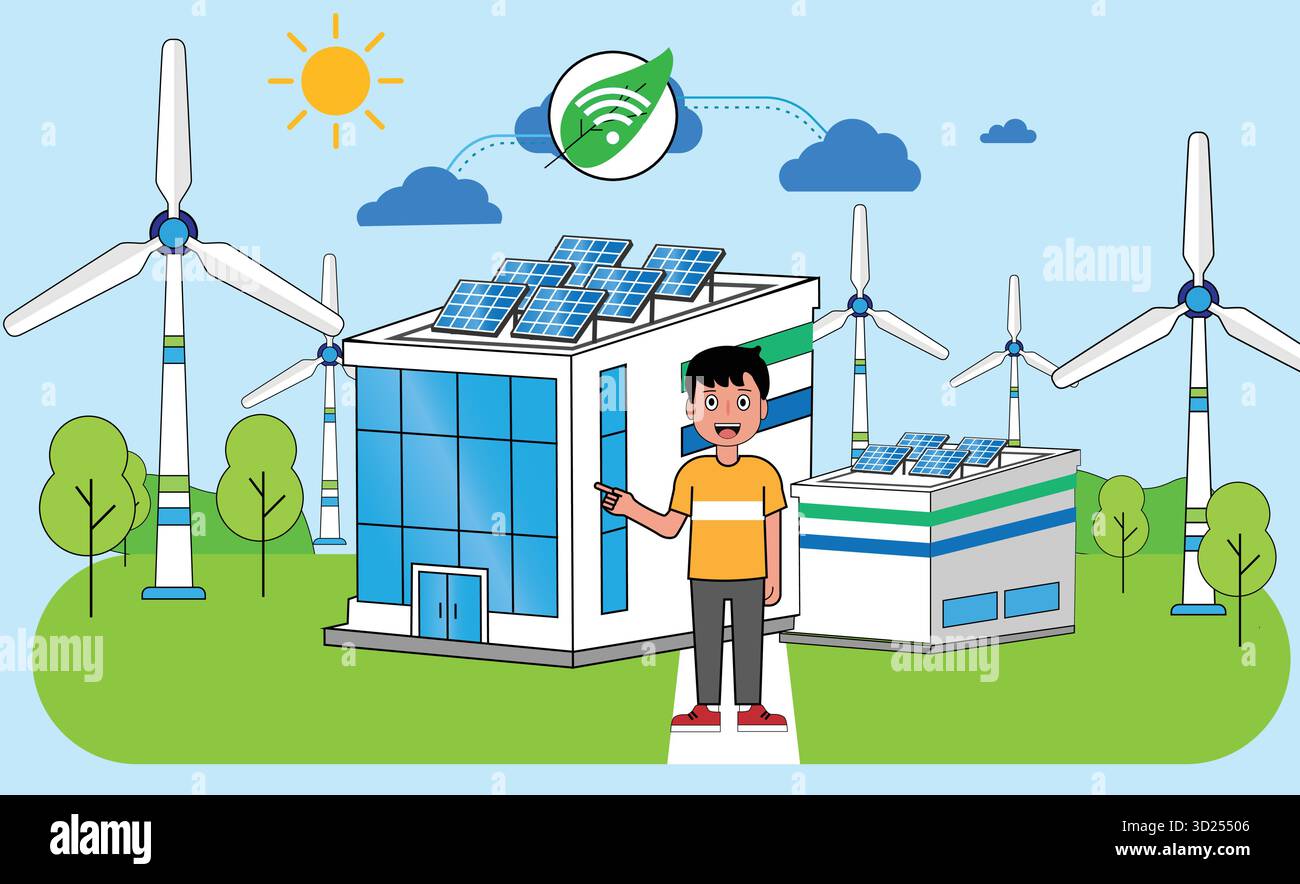 Concetto di infrastruttura di cloud ecosostenibile – illustrazione della tecnologia eco-compatibile per lo storage dei dati e le energie rinnovabili Illustrazione Vettoriale