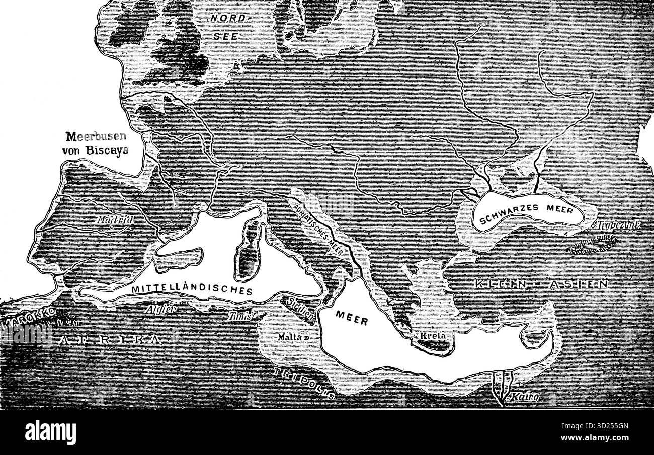 Mappa dei collegamenti terrestri tra Europa e Africa prima dell'ultimo periodo glaciale, illustrazione storica 1900 Foto Stock