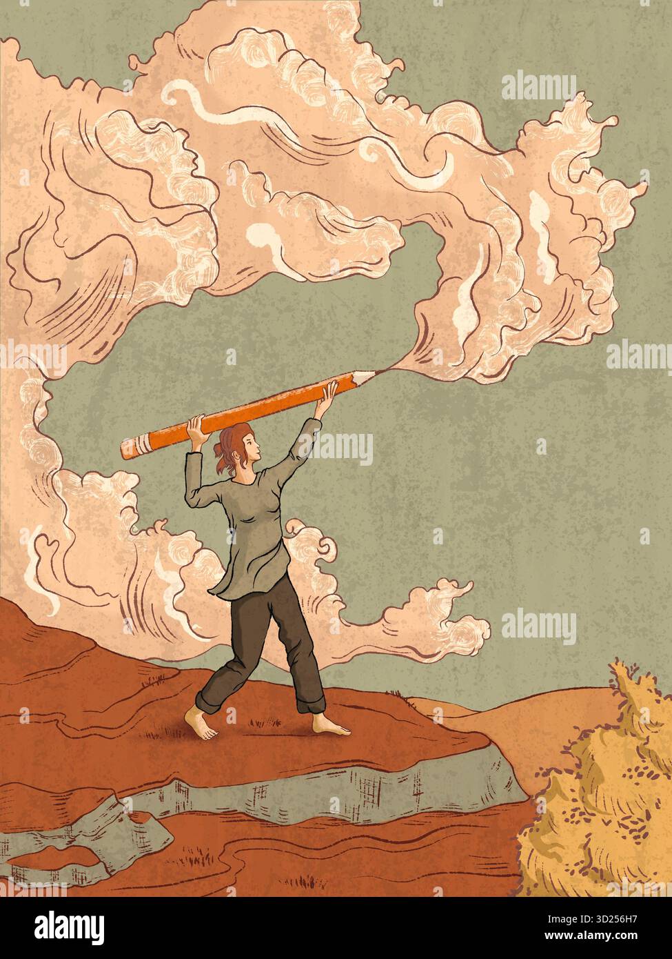 Ragazza con una matita che disegna una grande nuvola nel cielo. Immagine concettuale sulla creatività e l'immaginazione. Illustrazione digitale, la mia opera d'arte. Foto Stock