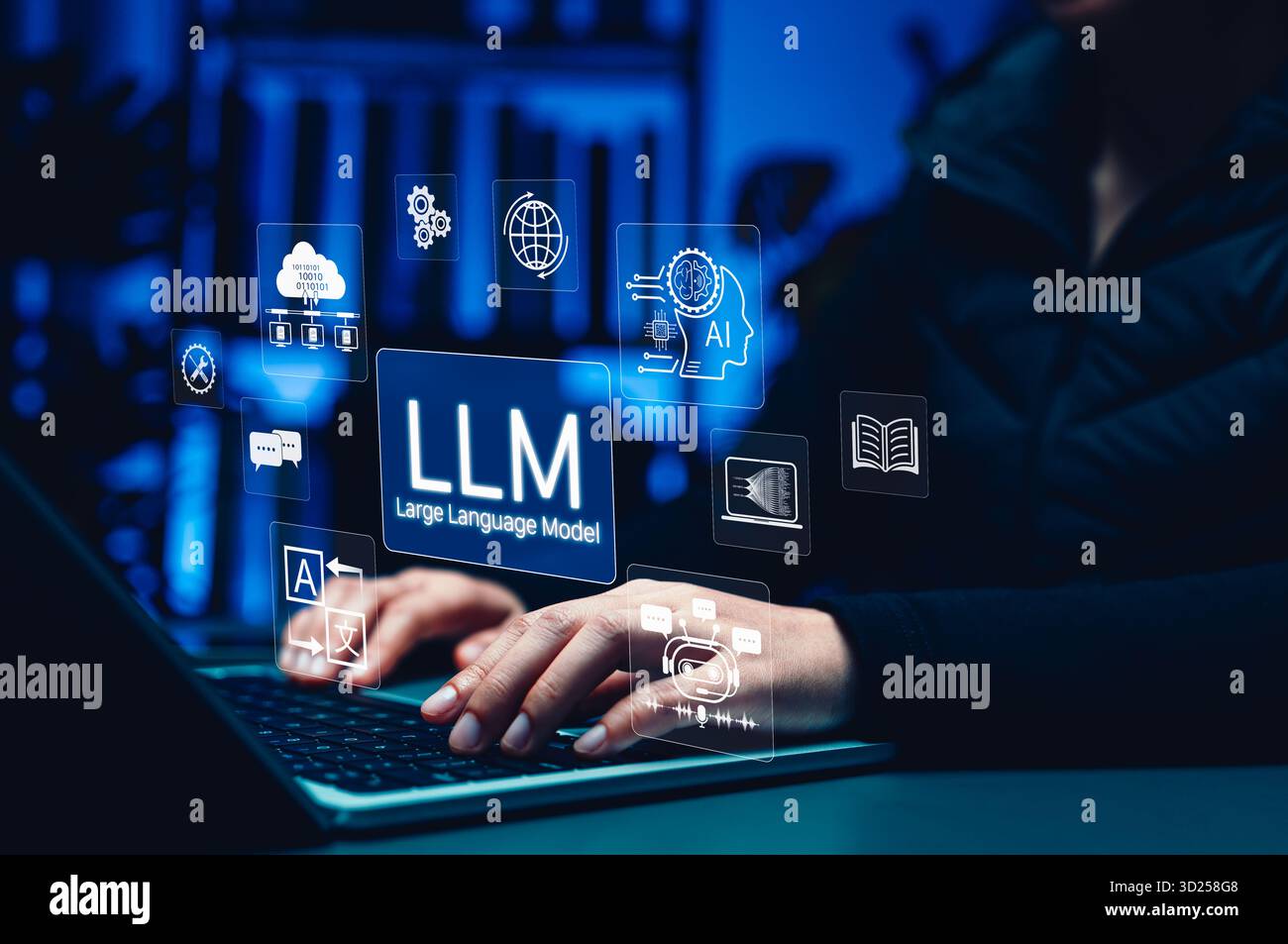 Concetto LLM Large Language Model. Persona che utilizza un notebook con icone di intelligenza artificiale, chatbot, cloud computing, traduzione, intelligenza artificiale generativa, PNL linguaggio naturale Foto Stock