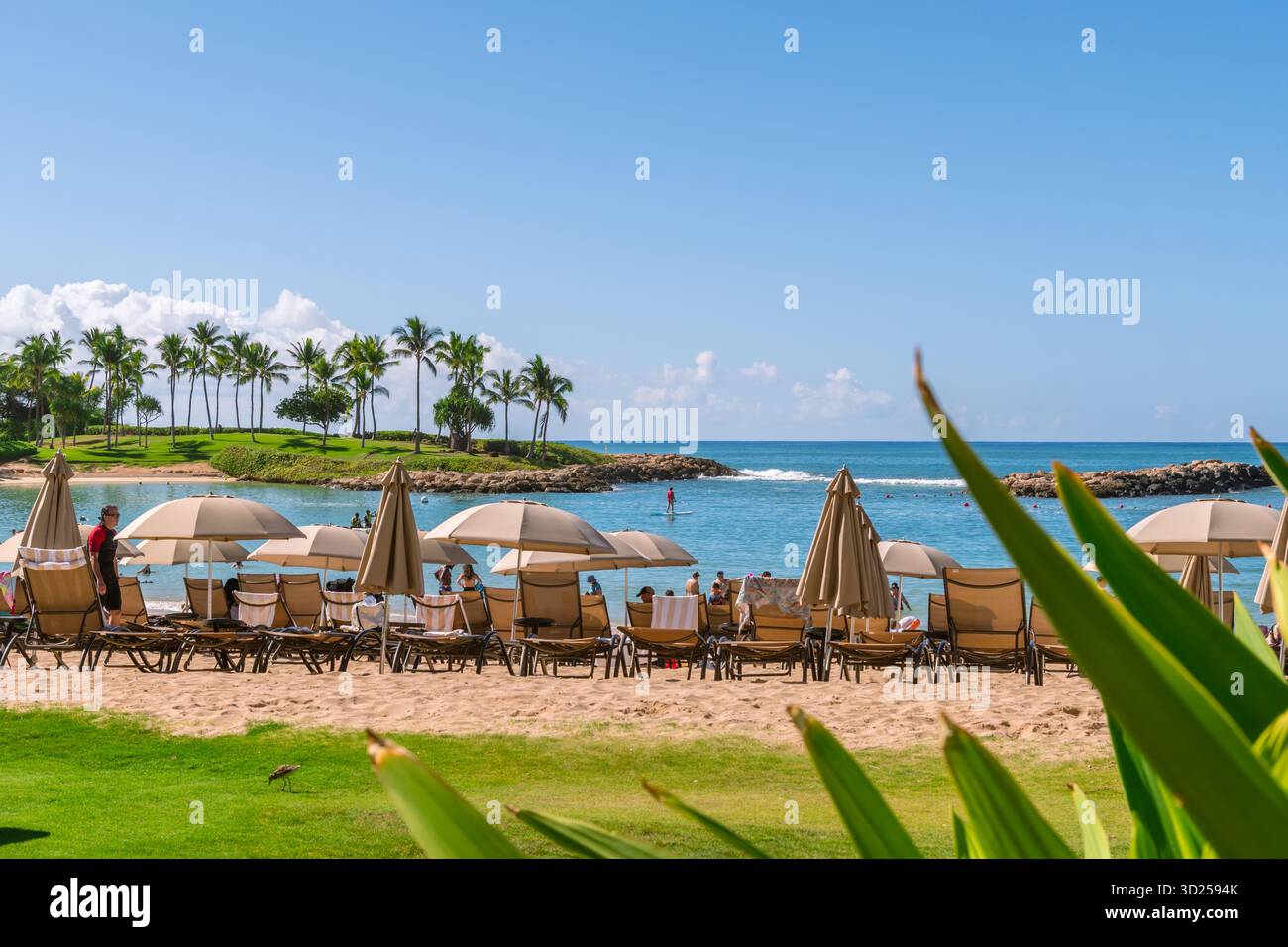Ko Olina Resort, Oahu, HI-25 ottobre 2023: Ombrelloni presso il resort di vacanza che è una comunità residenziale e di vacanza pianificata da esperti Foto Stock