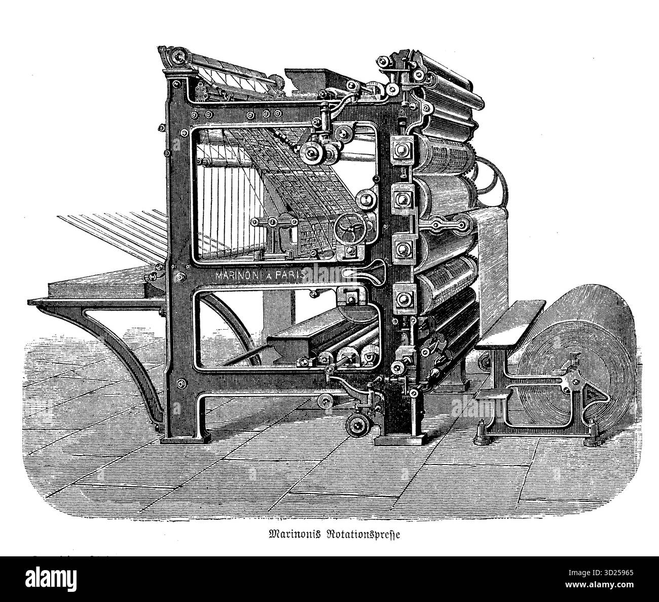 Un'incisione dettagliata della rotativa Marinoni, una delle innovazioni chiave nella stampa ottocentesca. L'alimentazione continua della carta e la rotazione rapida hanno reso possibili pubblicazioni illustrate su larga scala. Foto Stock