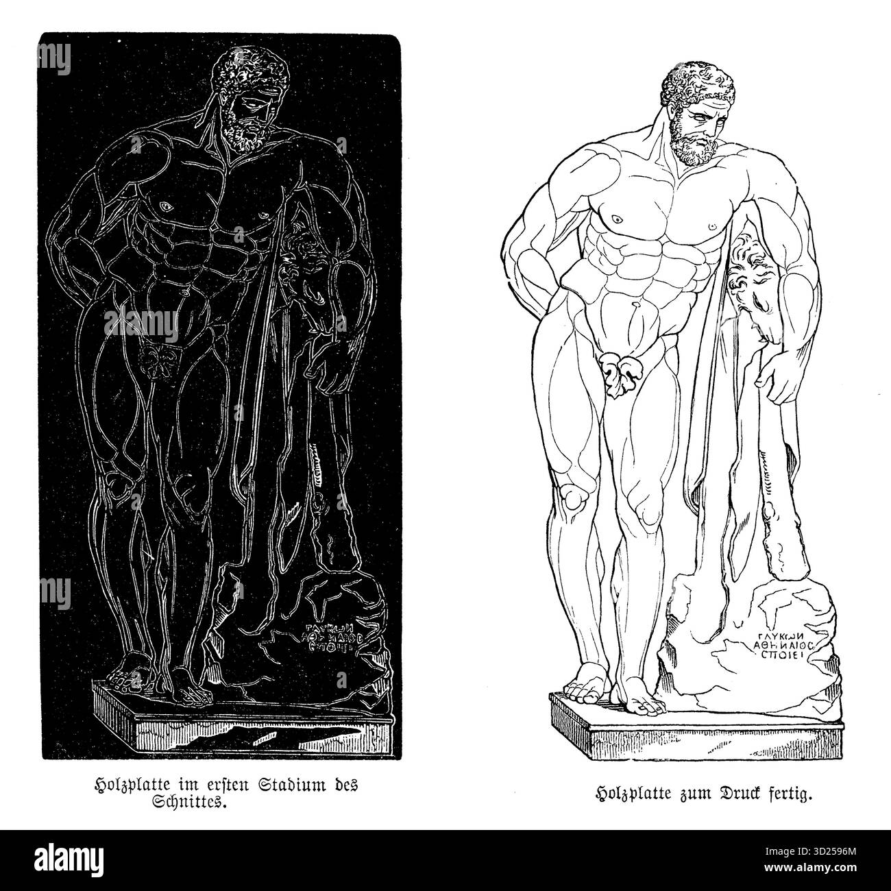 Due fasi della creazione di un taglialegna: La prima mostra la scultura ruvida di Ercole al contrario, la seconda rivela la stampa finita. Uno sguardo alla trasformazione dal legno grezzo all'arte. Foto Stock