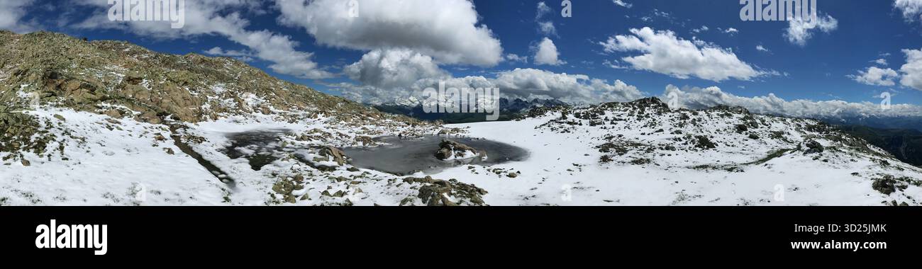Ampia vista panoramica di un paesaggio innevato di montagna con un lago ghiacciato e terreno accidentato sotto un vasto cielo blu con nuvole. Foto Stock
