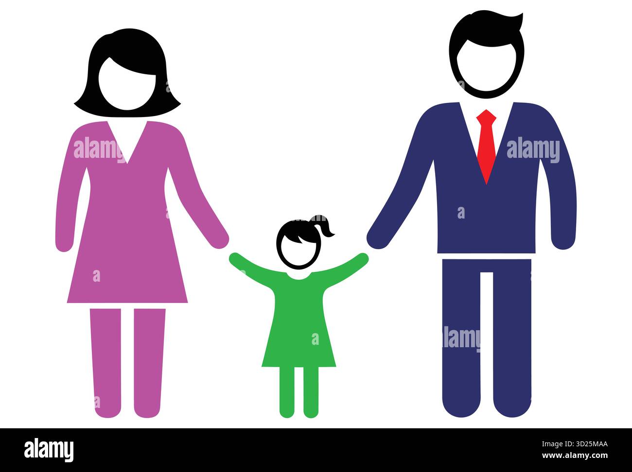 Una semplice icona di famiglia che mostra una madre, un padre e un bambino che si tengono per mano in un ambiente luminoso Illustrazione Vettoriale