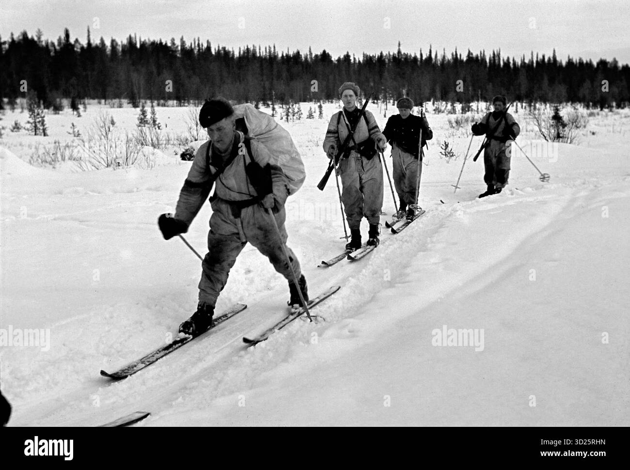 PETSAMO, FINLANDIA/RUSSIA - 14 aprile 1942 - i soldati dell'esercito finlandese sciano in tutta la terra a Petsamo durante la seconda guerra mondiale - foto: Geopix/sa Kuva/Heikki Roivainen Foto Stock