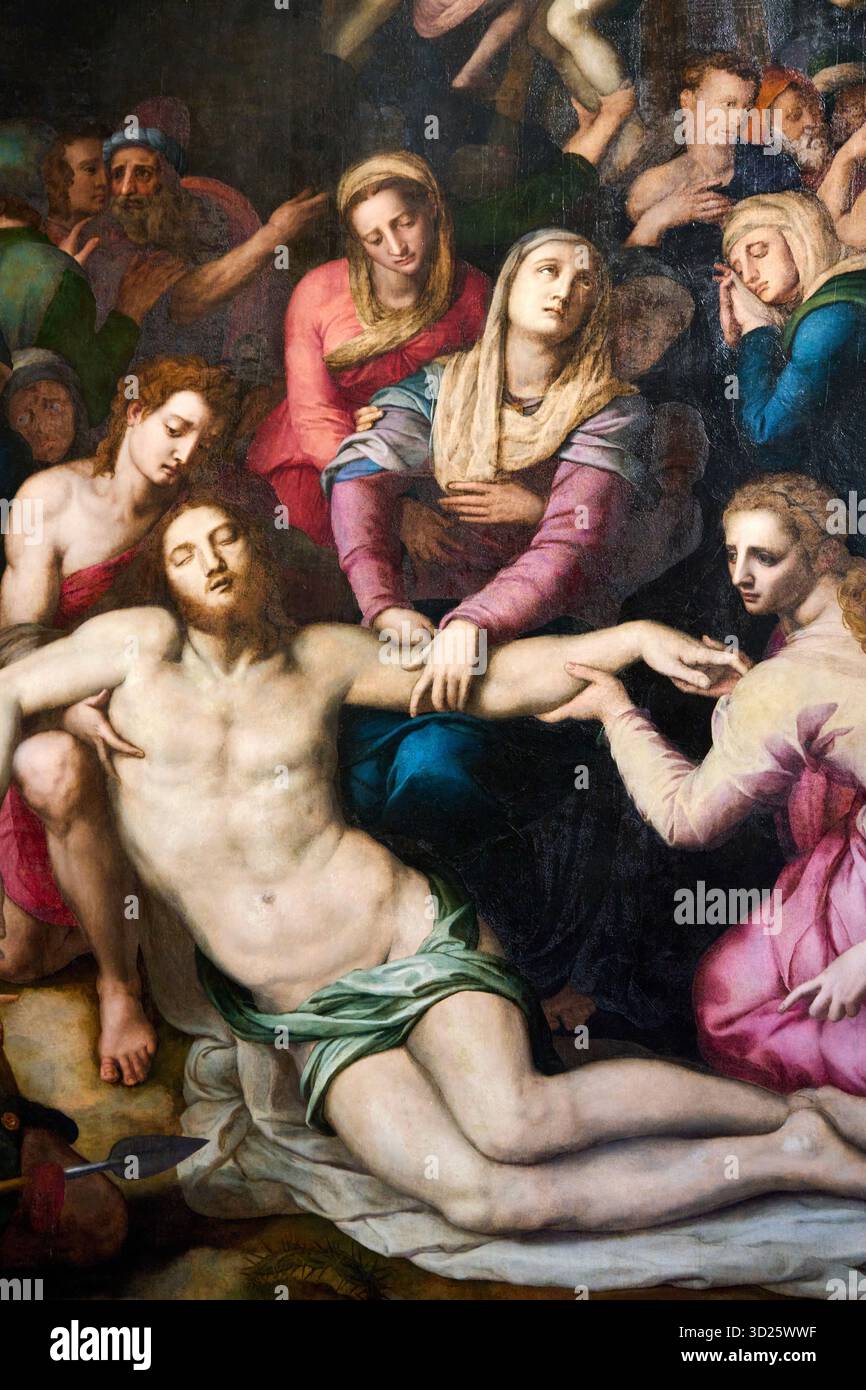 Primo piano, deposizione di Cristo, 1560 - 1561, olio su legno, Agnolo Tori detto li Bronzino (Firenze 1503 - 1572), Galleria dell'Accademia, Galleria dell'Accade Foto Stock