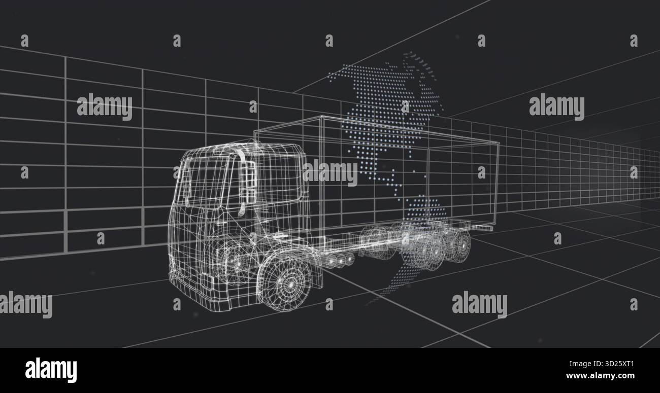 Rendering di semi-autocarro a struttura a reticolo e rimorchio container in uno spazio griglia virtuale, con globo punteggiato Foto Stock