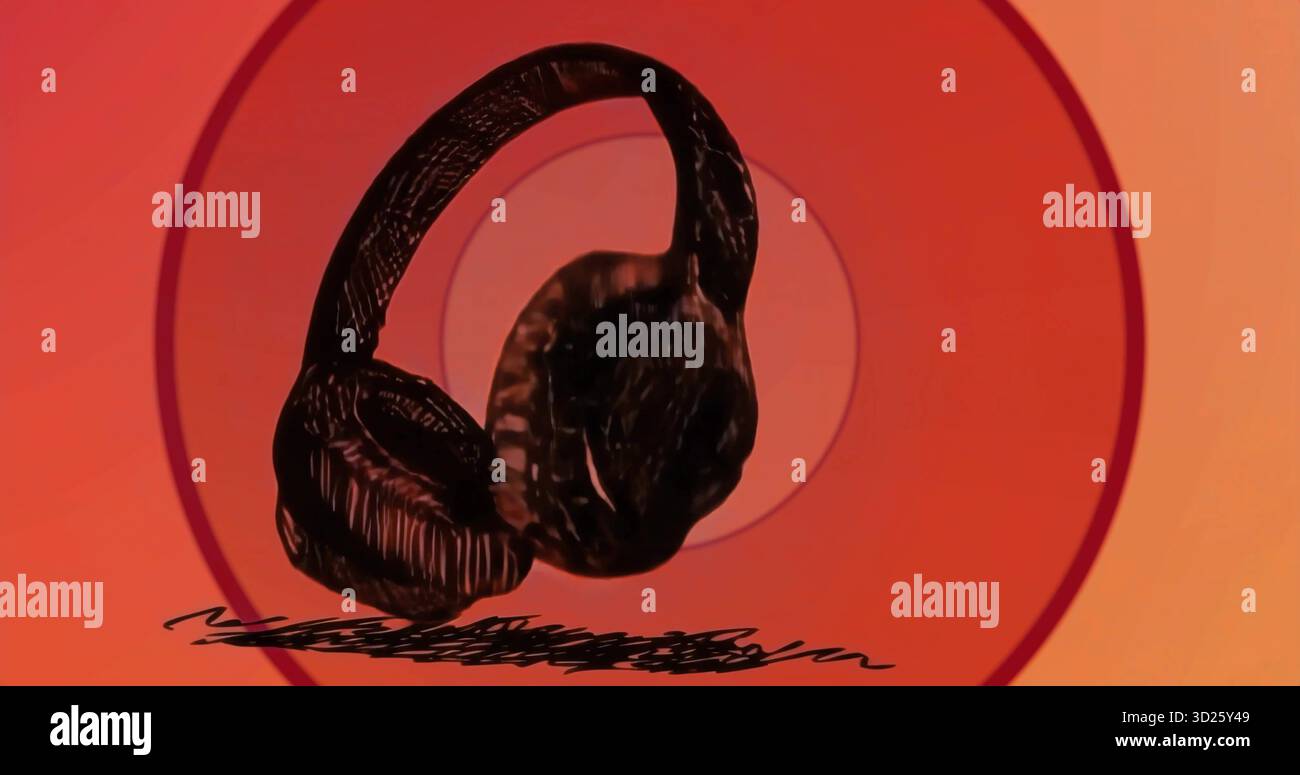 Schizzo che raffigura le cuffie sovrauricolari fluttuanti nell'arte grafica, con ombre e cerchi strisciati Foto Stock