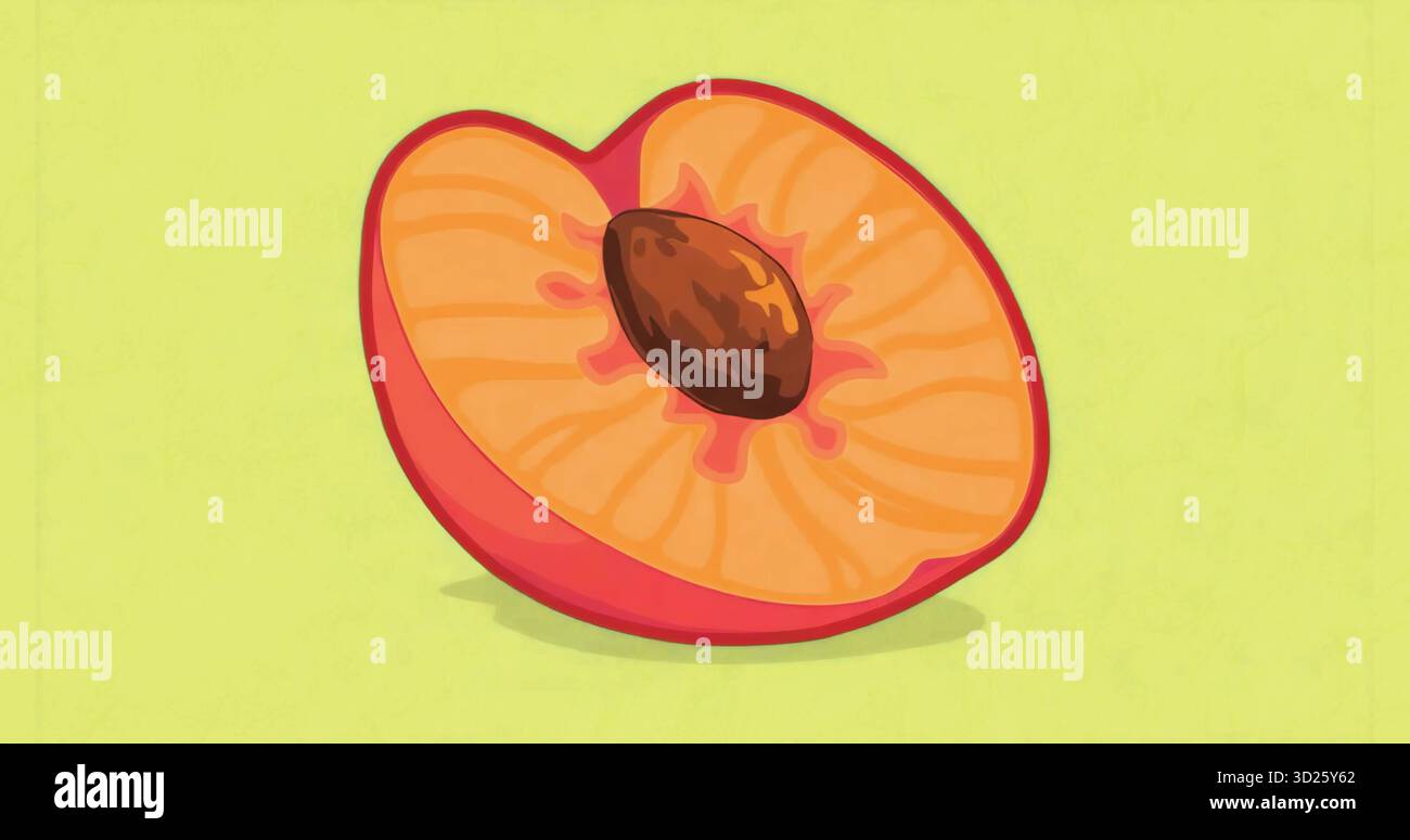 Esposizione di pesche dimezzate con polpa arancione e fossa marrone centrale su sfondo giallo-verde pallido Foto Stock