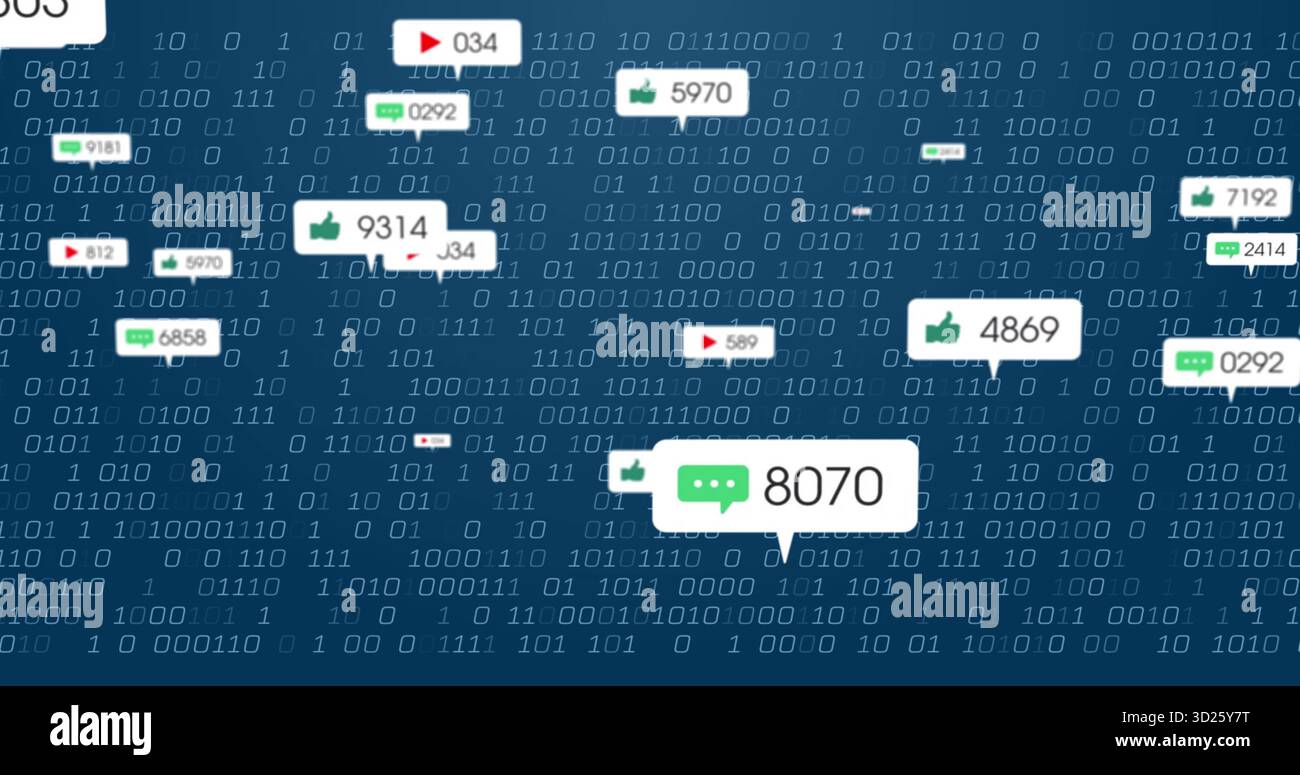 Bolla di notifica mobile che mostra l'icona verde della chat 8070 nell'interfaccia tecnica, sfondo binario Foto Stock