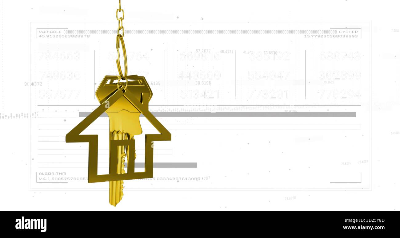 Chiave in ottone sospesa su portachiavi e catena dorati a forma di casa in studio, con dati digitali grigi Foto Stock