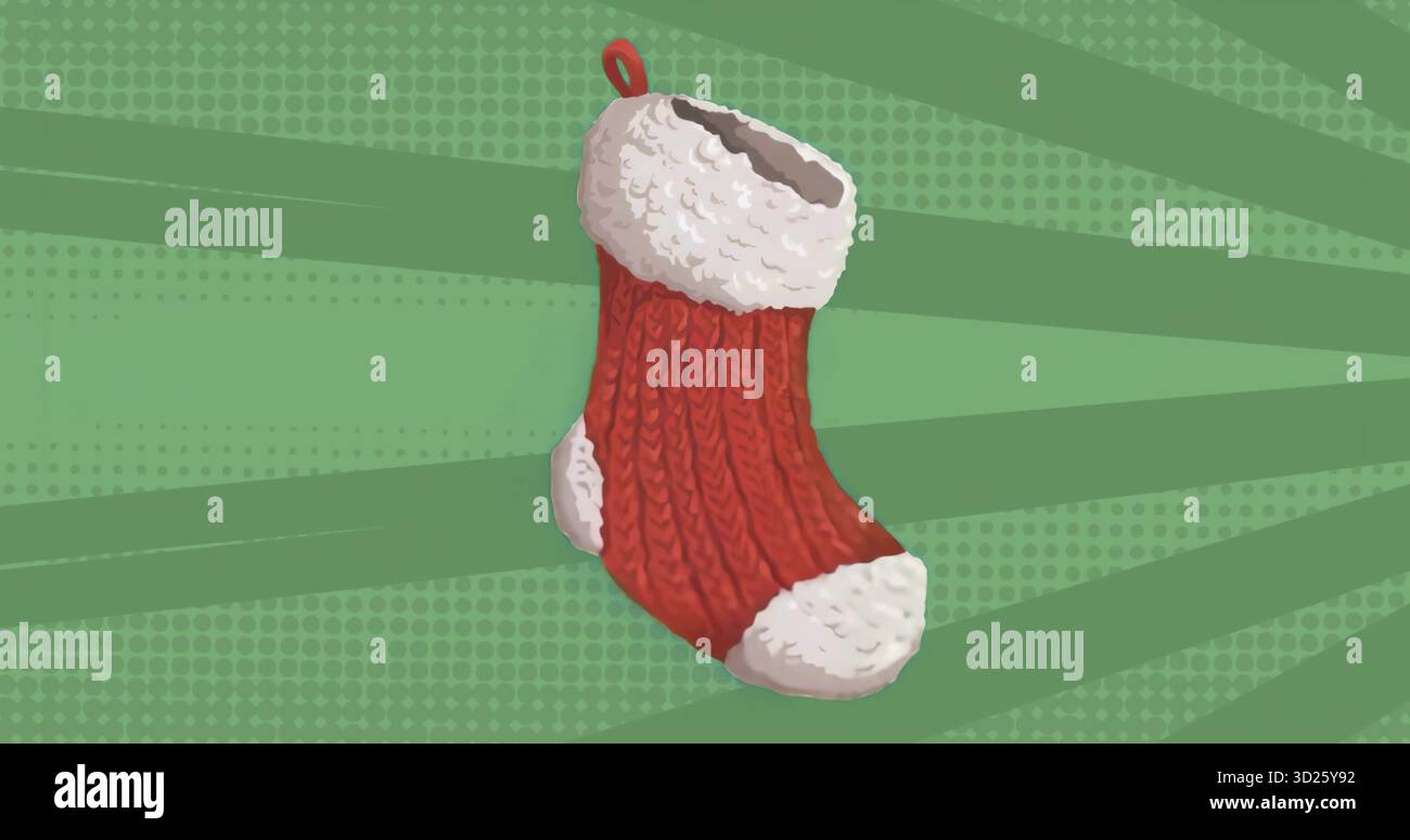 Mostra la calza natalizia rossa con rifiniture in pelliccia sintetica bianca, un anello appeso su sfondo grafico verde con mezzitoni Foto Stock