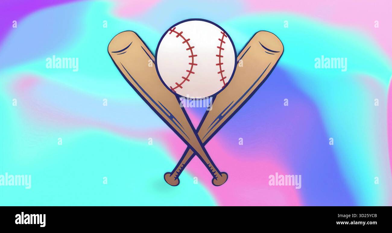 Mostra due mazze da baseball in legno che attraversano su gradiente pastello, baseball bianco con cuciture rosse Foto Stock