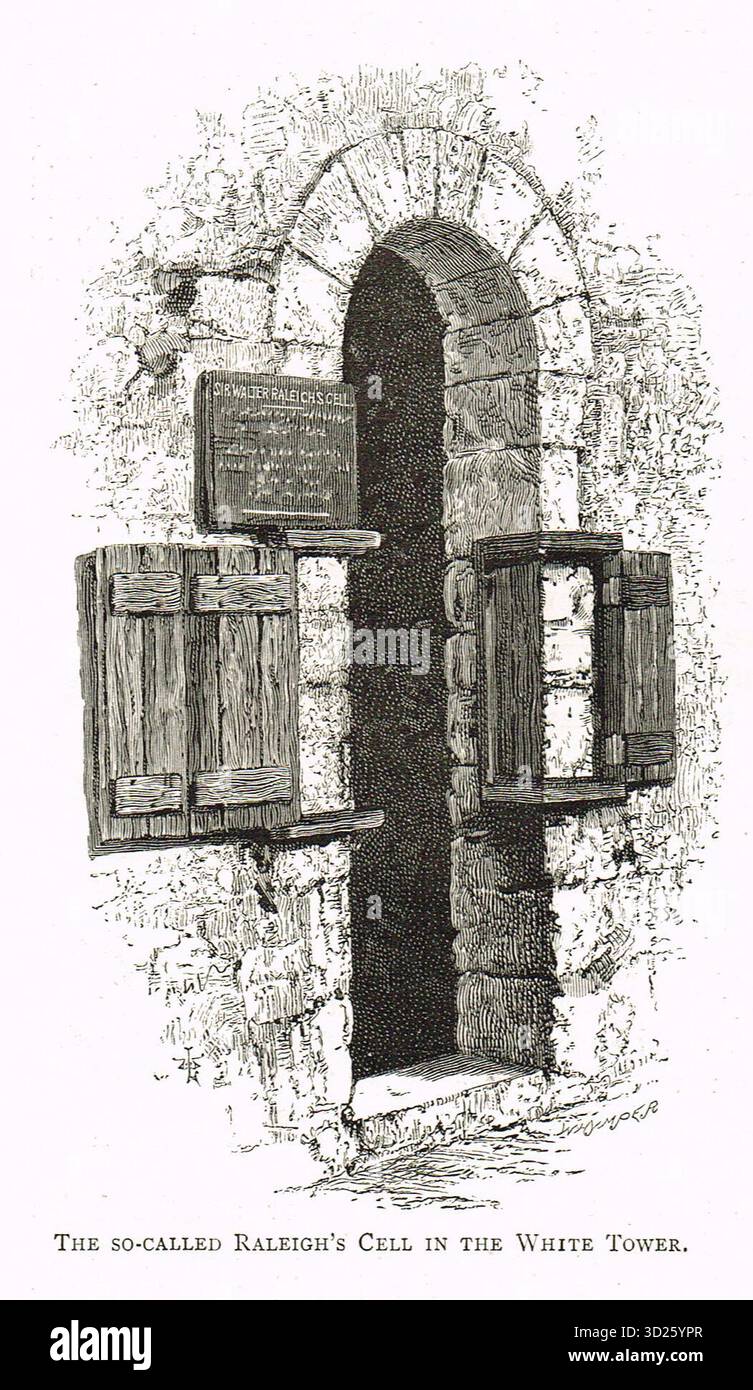 La cella di Raleigh, la torre bianca, la Torre di Londra, illustrazione del XIX secolo Foto Stock