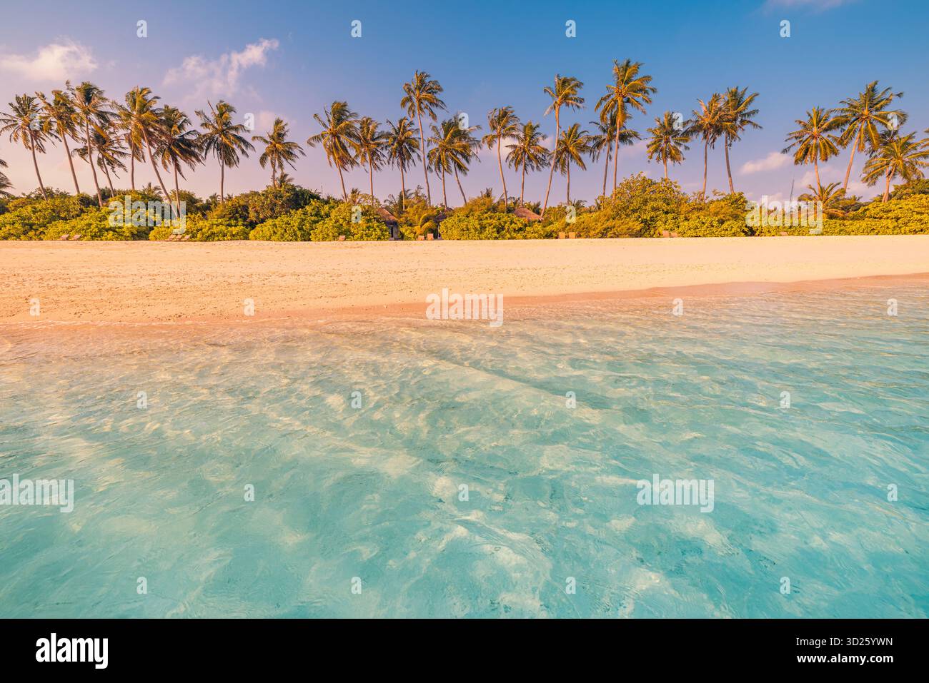 Tranquillo paesaggio di spiaggia al tramonto con tranquille palme oceaniche e calda atmosfera estiva per le vacanze Foto Stock