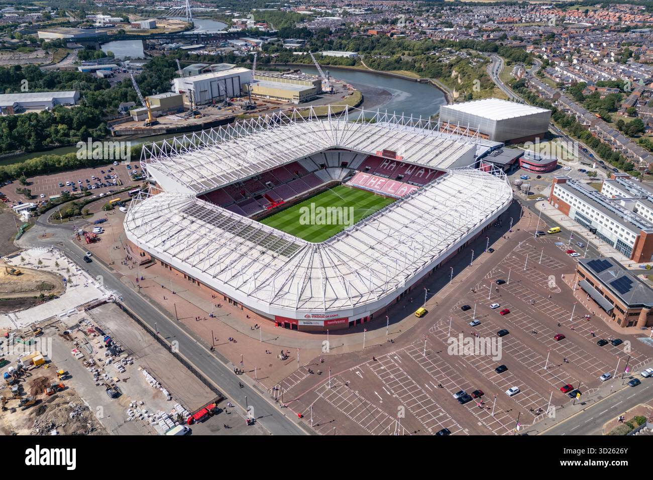 Veduta aerea dello Stadium of Light, sede del Sunderland AFC della English Premier League, Sunderland, Regno Unito. Foto Stock