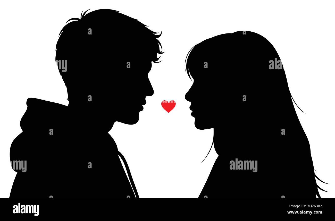 Silhouette di una coppia di fronte all'altra con un cuore rosso tra di loro Illustrazione Vettoriale