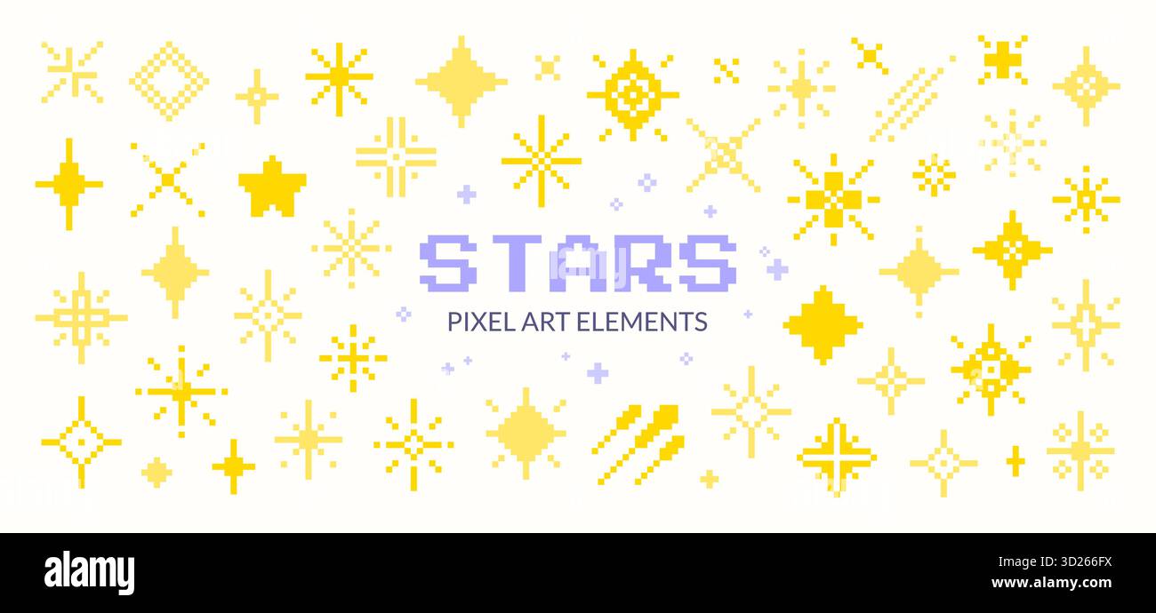Stelle gialle Pixel Art. Set di ritagli artistici retro. Illustrazione Vettoriale