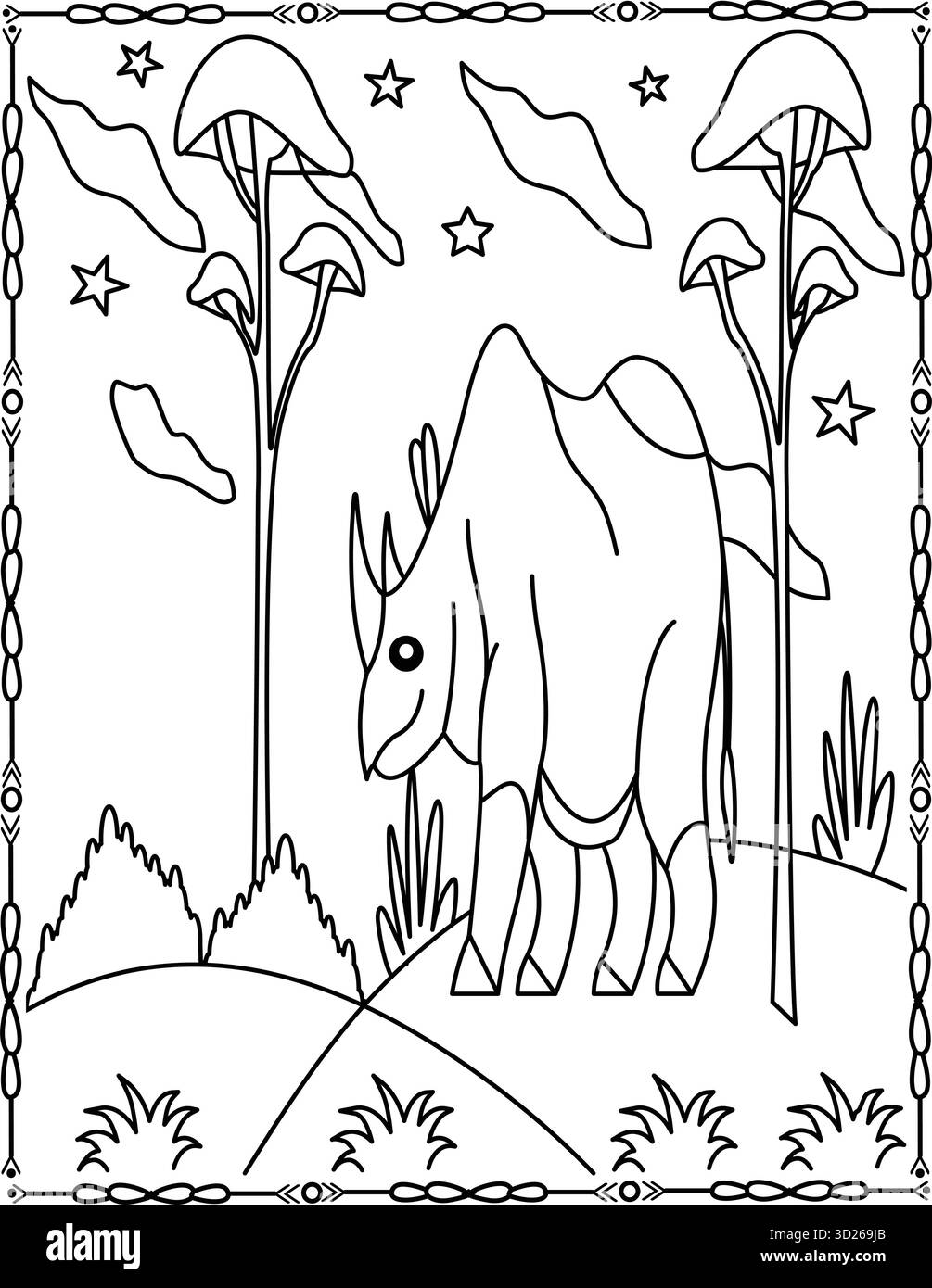 Graziosa pagina colorata Rhino per bambini e adulti. African Animal Line Art Nature Scene. Illustrazione Vettoriale