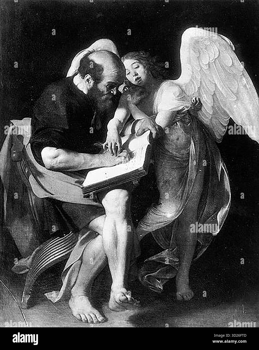 L'ispirazione di San Matteo è un dipinto a olio su tela di Caravaggio (Michelangelo Merisi, 1571-1610), creato intorno al 1602. L'opera raffigura San Matteo che scrive il Vangelo sotto la guida di un angelo divino. L'uso drammatico del chiaroscuro, delle figure naturalistiche e della composizione dinamica di Caravaggio enfatizza il momento dell'ispirazione spirituale. Il dipinto esemplifica il suo stile barocco maturo, combinando un intenso realismo con profondità psicologica e presenza divina. Bianco e nero monocromatico fa parte della Cappella Contarelli a San Luigi dei francesi, Roma. Foto Stock