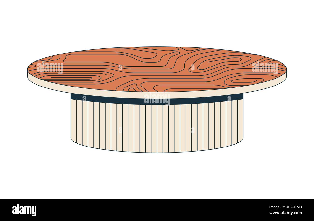 Tavolino da caffè rotondo con oggetto cartoni animati 2D con piano in legno testurizzato Illustrazione Vettoriale