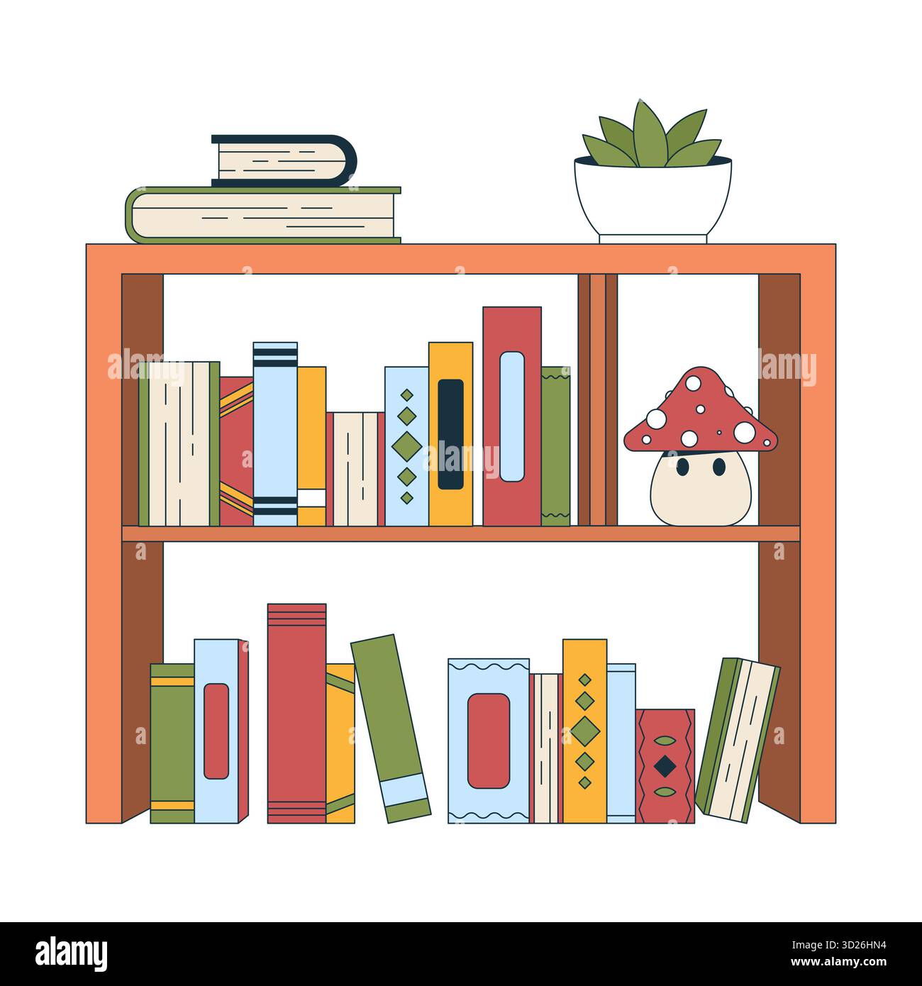 Libreria decorativa con accessori per cartoni animati 2D. Illustrazione Vettoriale