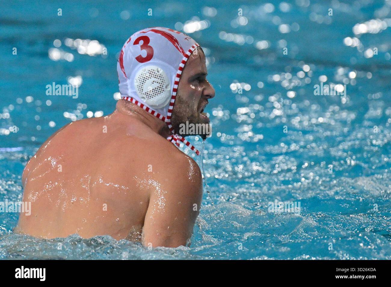 Savona, Italia. 30 ottobre 2025. DAMONTE Luca (RN Savona) si rallegra dopo aver vinto la rete durante rari Nantes Savona vs VK Sabac Elixir, partita di pallanuoto LEN Euro Cup a Savona, Italia, ottobre 30 2025 crediti: Agenzia fotografica indipendente/Alamy Live News Foto Stock