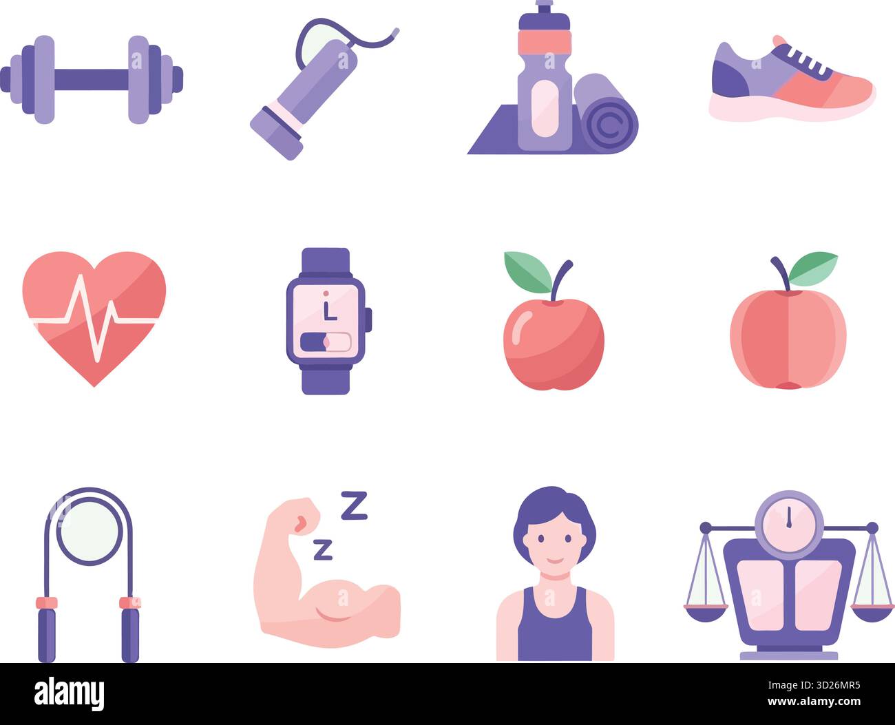 Set di icone di salute, fitness e benessere dal design piatto. Collezione vettoriale di simboli da palestra, nutrizione e stile di vita. Illustrazione Vettoriale