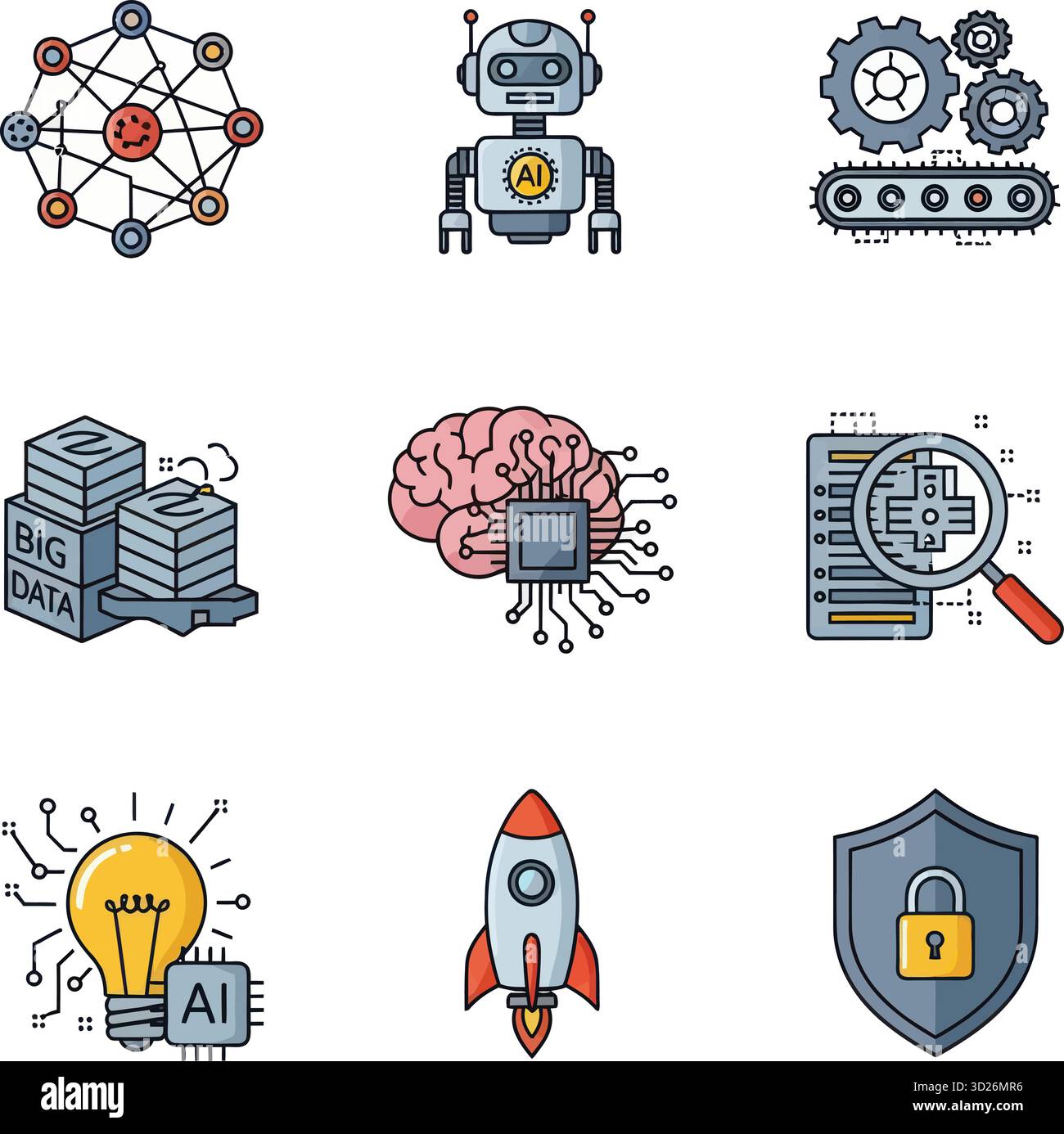 Set icone di intelligenza artificiale e tecnologia Line Art. AI, Big Data e Robotics Vector Symbols. Illustrazione Vettoriale