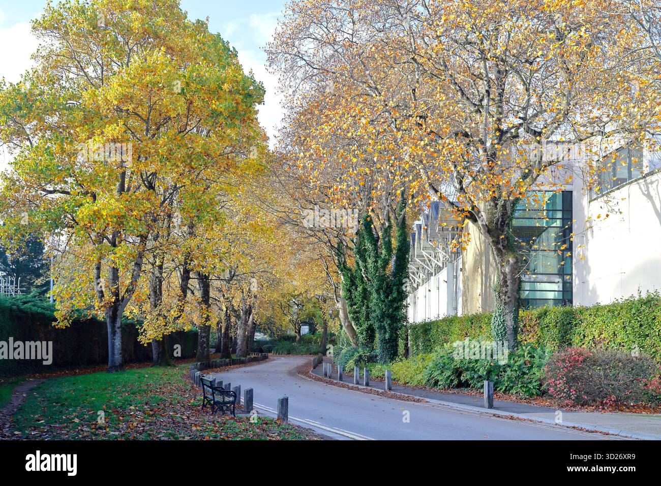 Scena autunnale a Sophia Gradens e vista laterale dell'edificio del cricket della contea di Glamorgan (Criced Morgannwg), Cardiff, Galles del Sud. Autunno. Presa ottobre 2025 Foto Stock