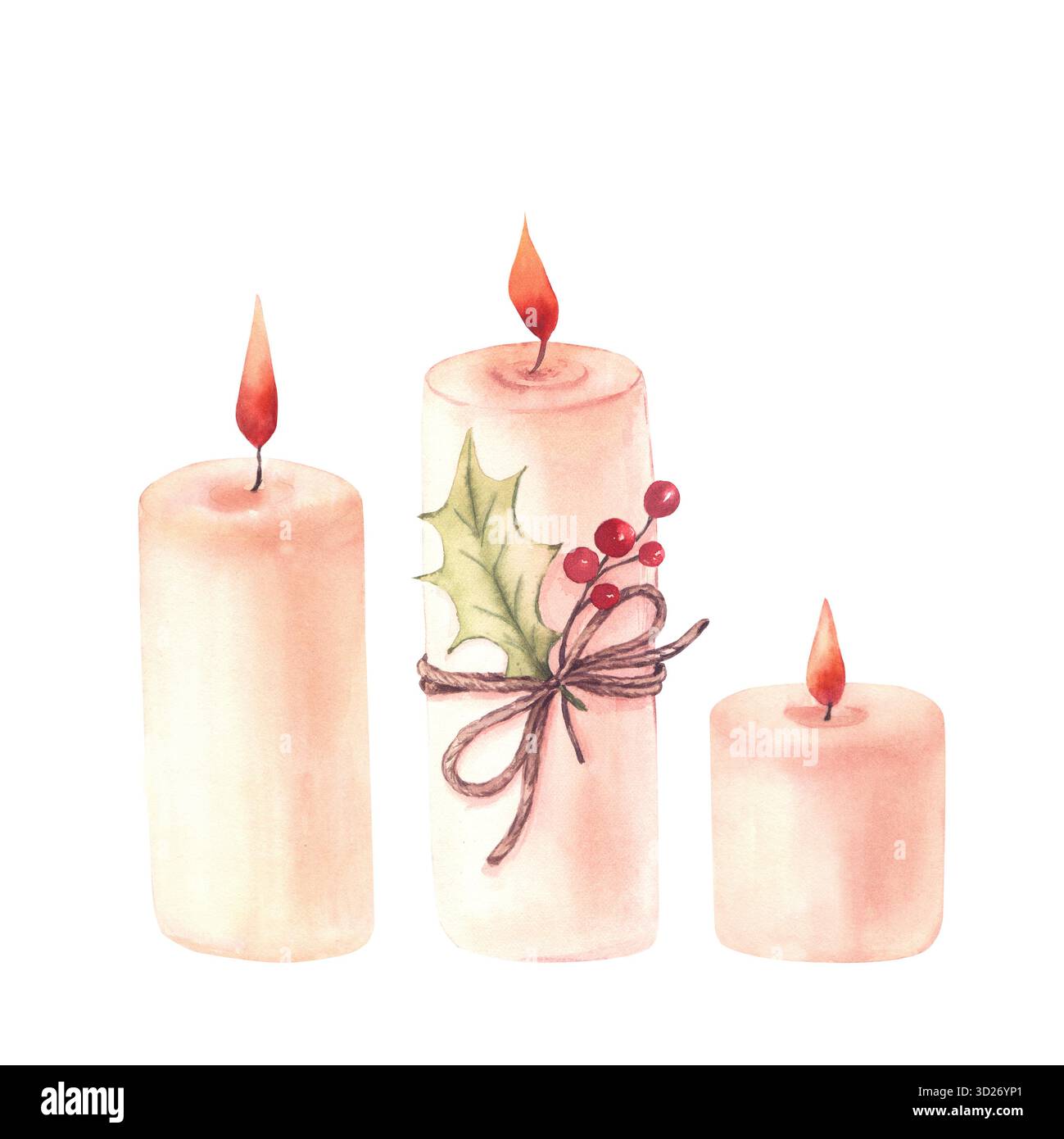 Set di candele di Natale. Illustrazione ad acquerello dipinta a mano. Elementi isolati su sfondo bianco. Per design stagionale, biglietti d'auguri, poster e stampe. Foto Stock