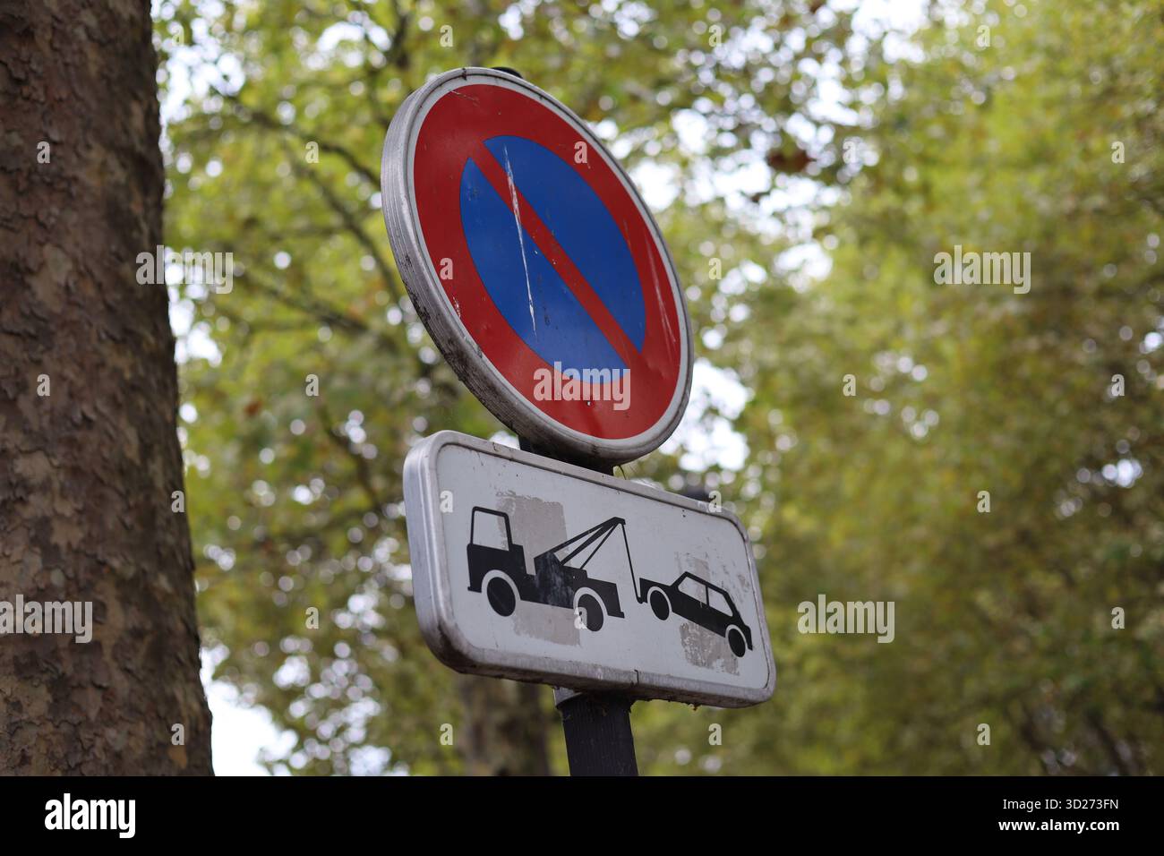 Segnale della zona di traino senza parcheggio e senza parole in Francia Foto Stock