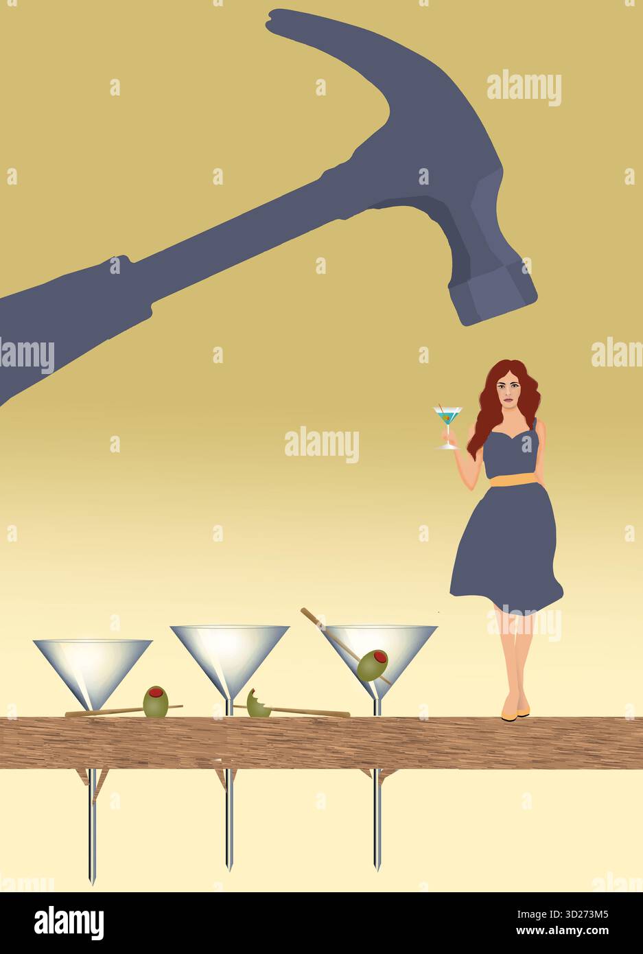 Una donna che beve il suo quarto martini sta venendo martellata su troppo alcol in questa illustrazione 3d. I bicchieri delle sue bevande sono stati martellati attraverso un Foto Stock