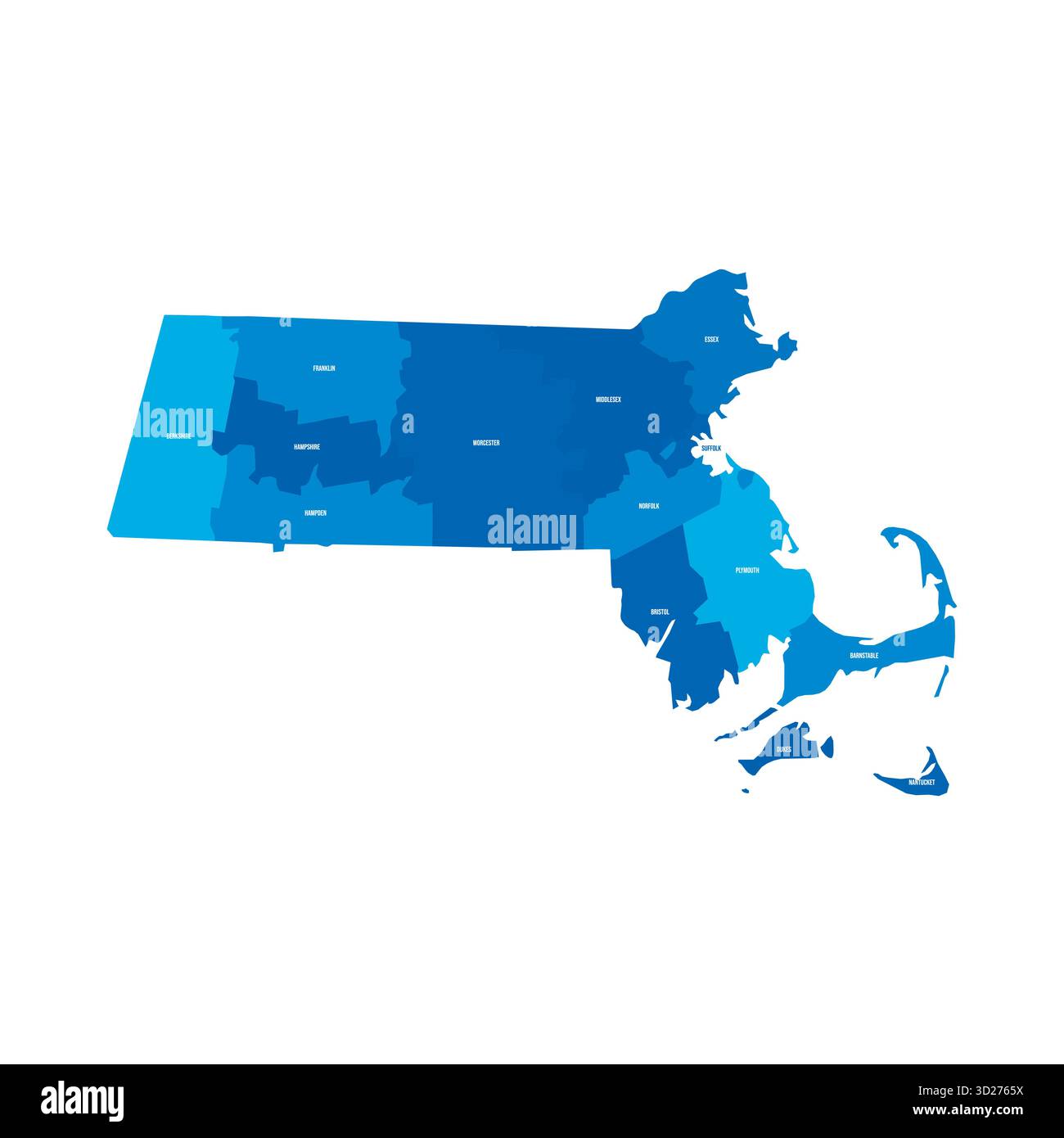 Massachusetts, ma - Mappa politica dettagliata dello stato degli Stati Uniti. Mappa amministrativa divisa in contee. Mappa blu con le etichette del nome della contea. Illustrazione vettoriale Illustrazione Vettoriale