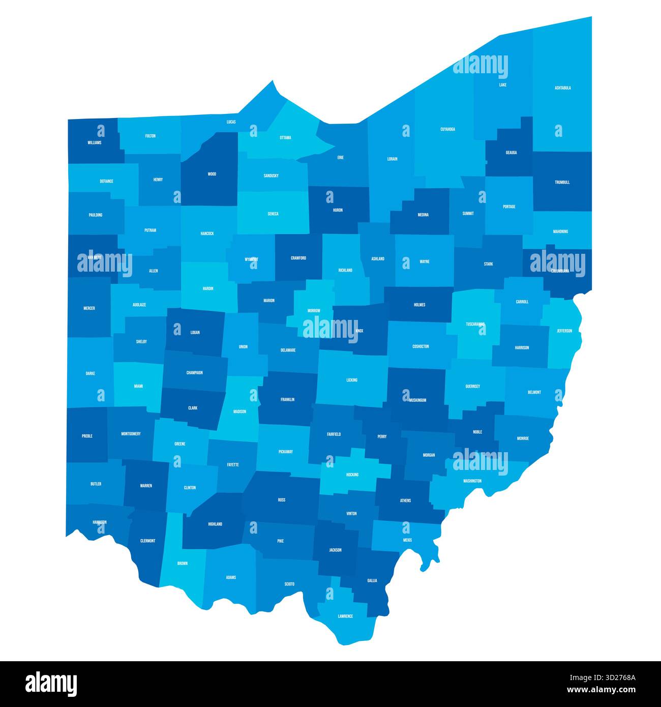 Ohio, OH - Mappa politica dettagliata dello stato americano. Mappa amministrativa divisa in contee. Mappa blu con le etichette del nome della contea. Illustrazione vettoriale Illustrazione Vettoriale