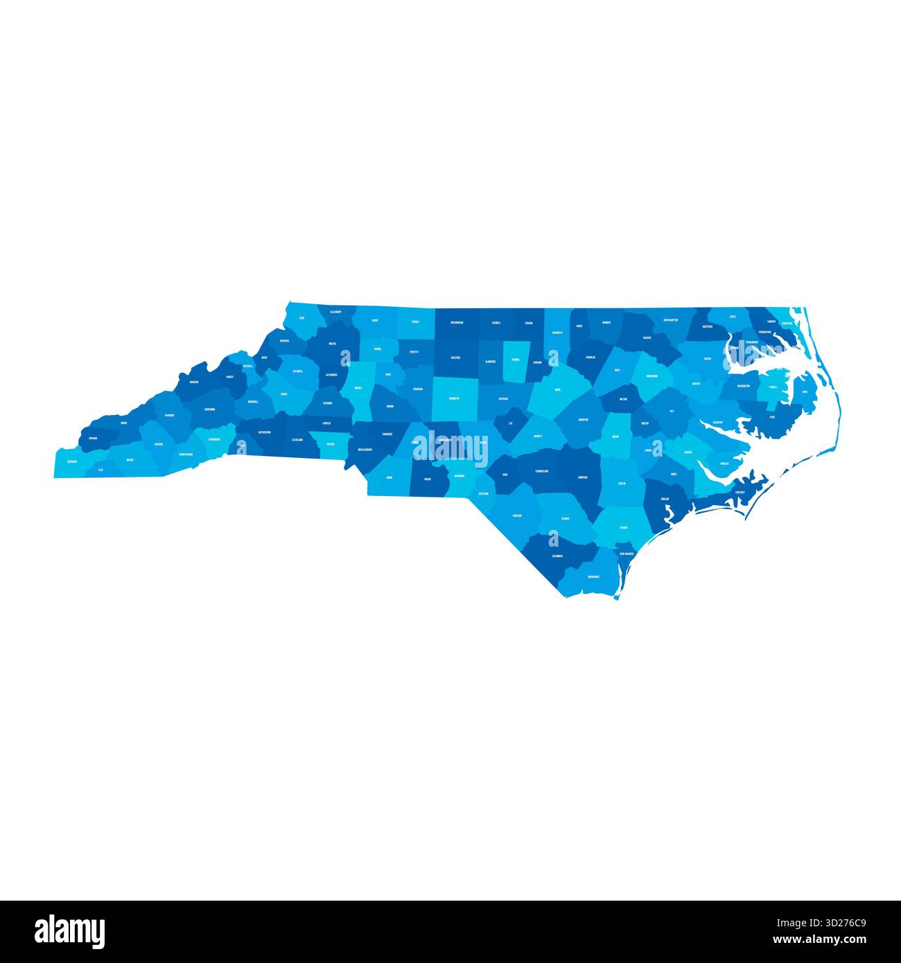 North Carolina, NC - Mappa politica dettagliata dello stato degli Stati Uniti. Mappa amministrativa divisa in contee. Mappa blu con le etichette del nome della contea. Illustrazione vettoriale Illustrazione Vettoriale