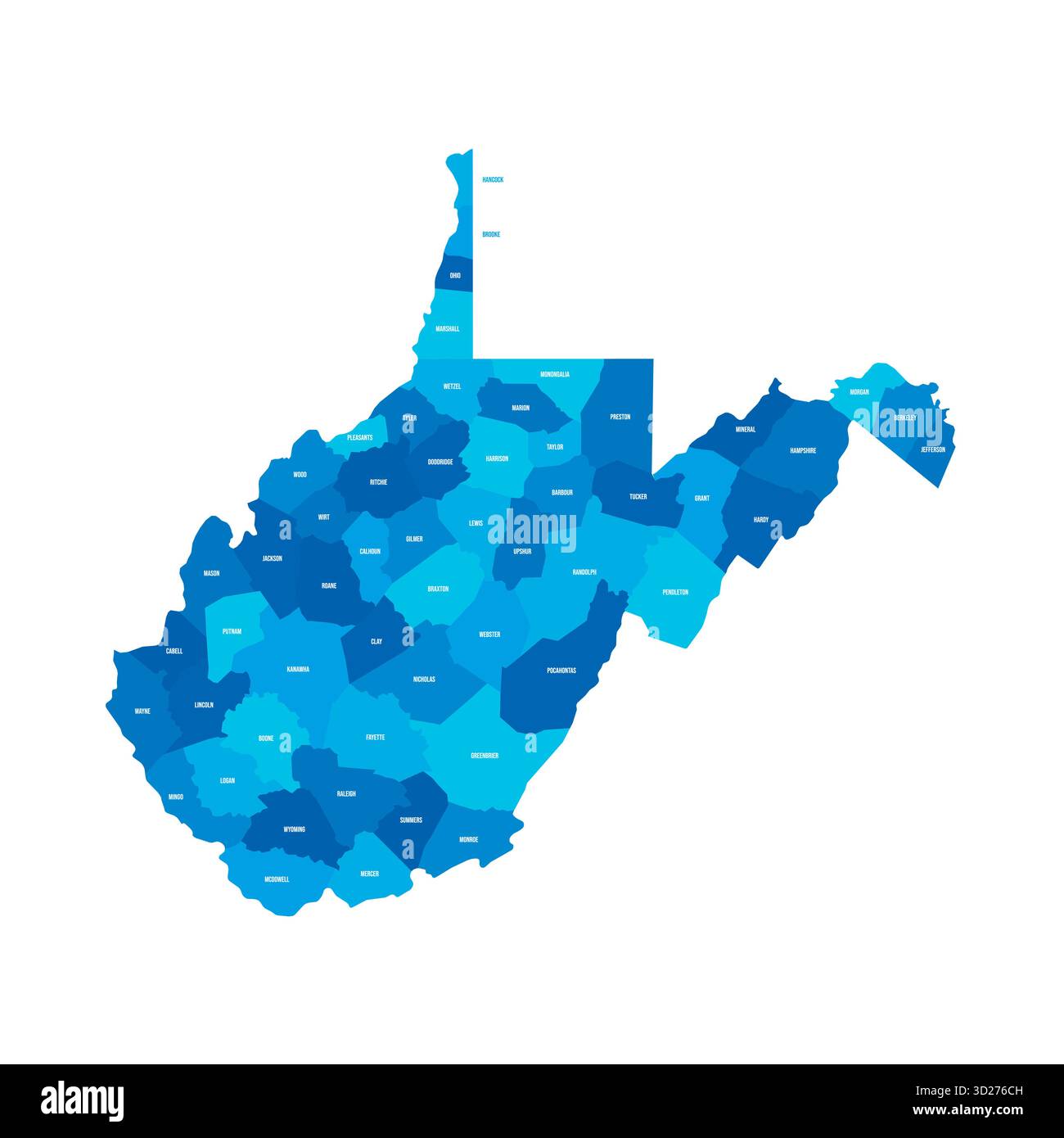 West Virginia, WV - Mappa politica dettagliata dello stato degli Stati Uniti. Mappa amministrativa divisa in contee. Mappa blu con le etichette del nome della contea. Illustrazione vettoriale Illustrazione Vettoriale