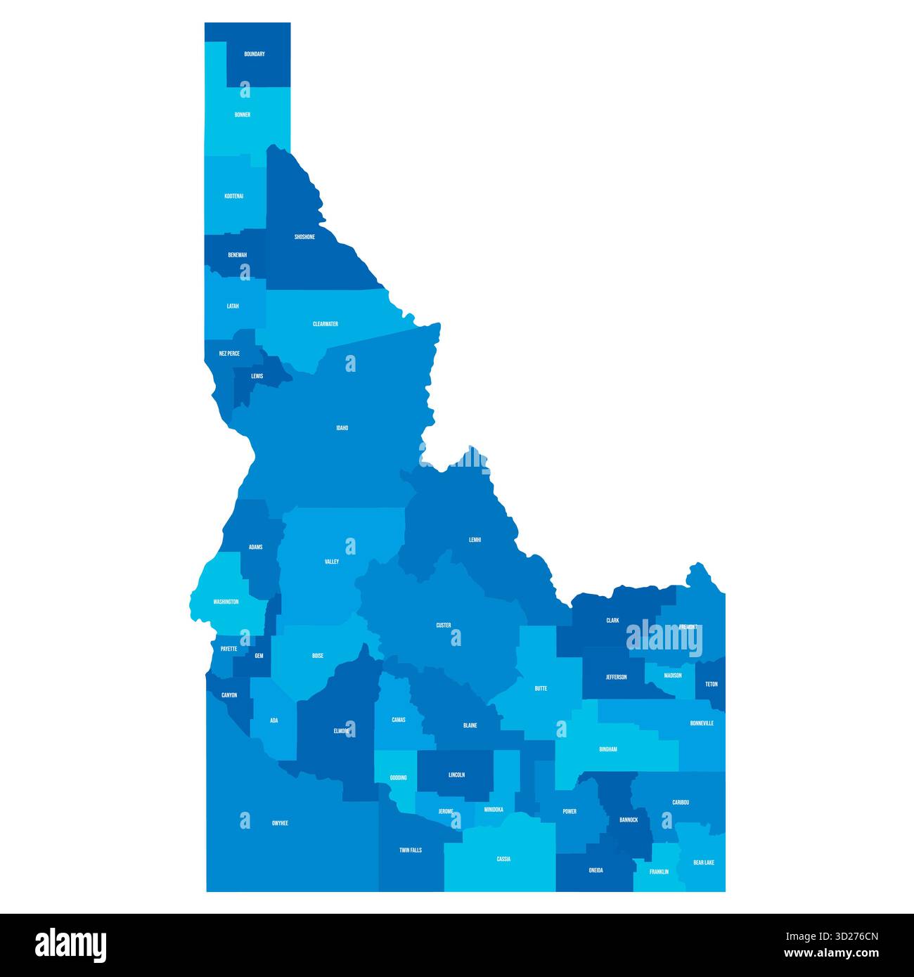 Idaho, ID - Mappa politica dettagliata dello stato degli Stati Uniti. Mappa amministrativa divisa in contee. Mappa blu con le etichette del nome della contea. Illustrazione vettoriale Illustrazione Vettoriale