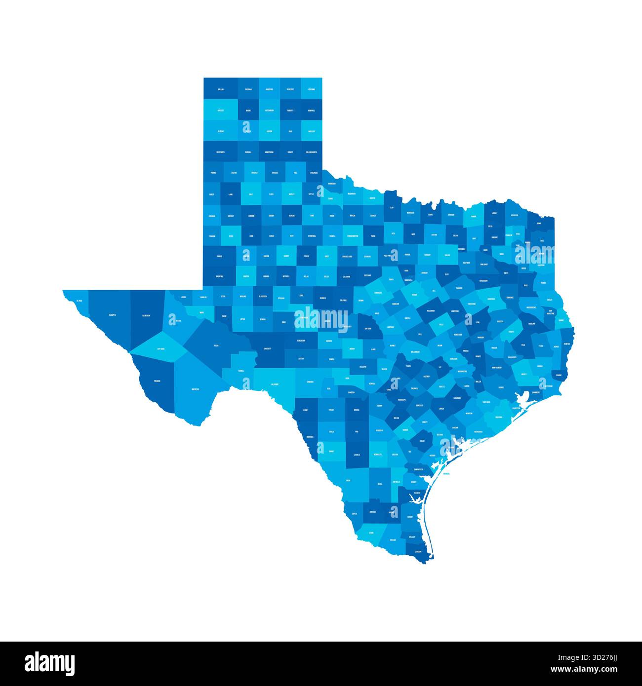 Texas, TX - Mappa politica dettagliata dello stato degli Stati Uniti. Mappa amministrativa divisa in contee. Mappa blu con le etichette del nome della contea. Illustrazione vettoriale Illustrazione Vettoriale