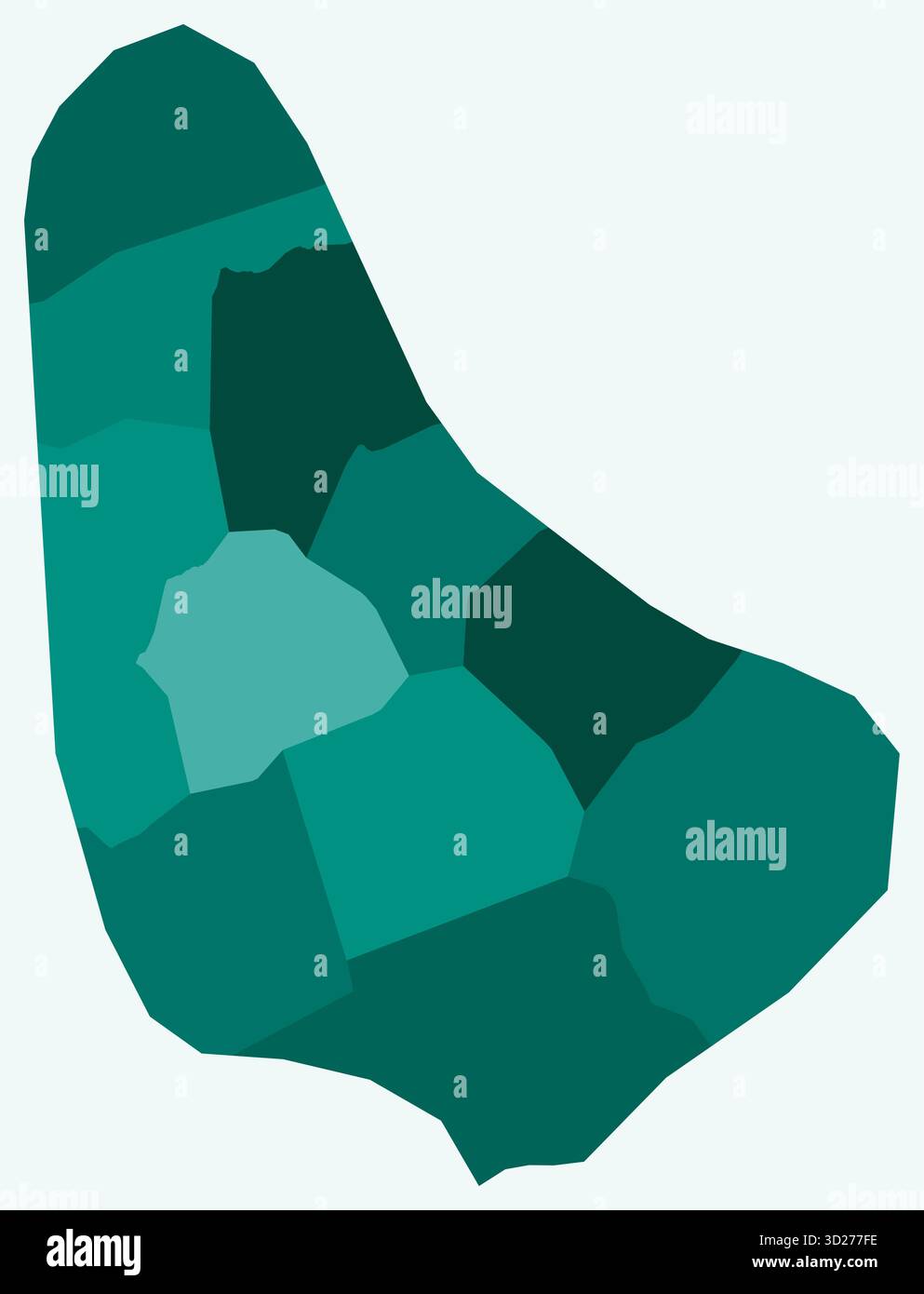 Mappa delle Barbados con le regioni. Solo una semplice mappa dei confini nazionali con divisione regionale. Tavolozza dei colori ottanio. Illustrazione Vettoriale