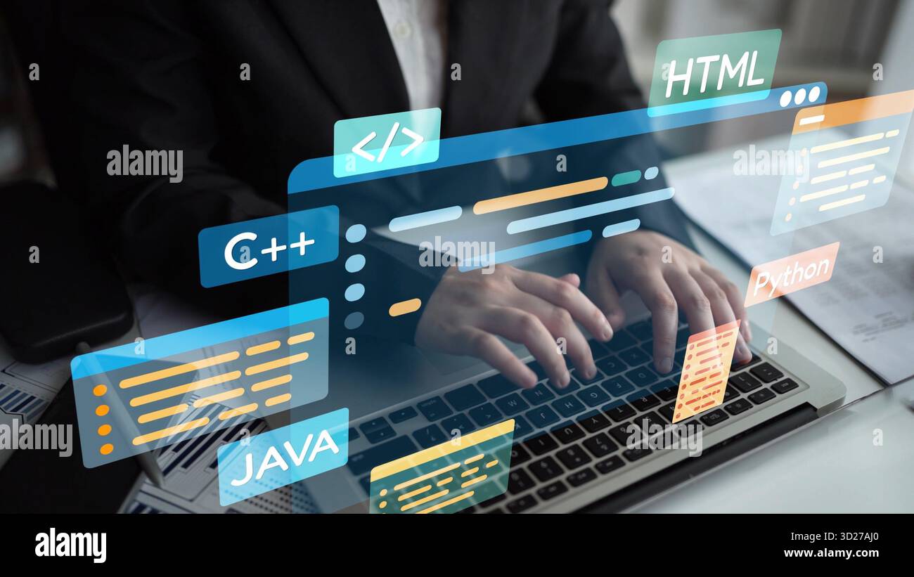 Sviluppo di software con sovrapposizioni di codifica, linguaggi di programmazione, strumenti per sviluppatori, creazione di app mobili e programmazione avanzata per prodotti digitali Foto Stock