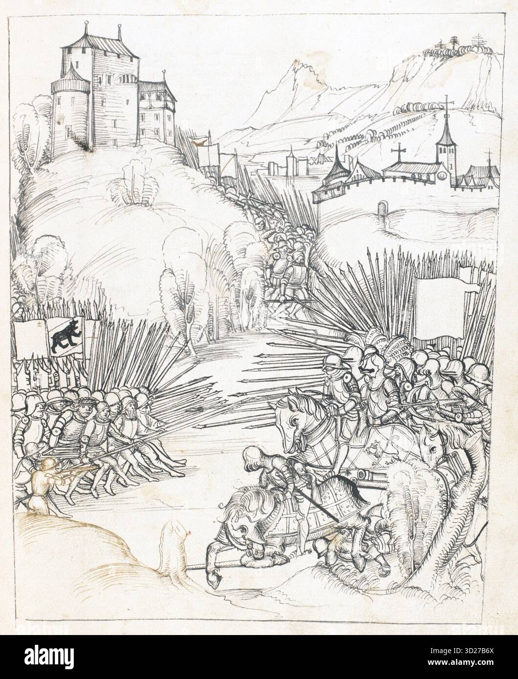 Una battaglia di fanteria, estratta dal Eidgenössische Chronik da Werner Schodoler (1490-1541), una Cronaca svizzera del tardo Medioevo. Foto Stock