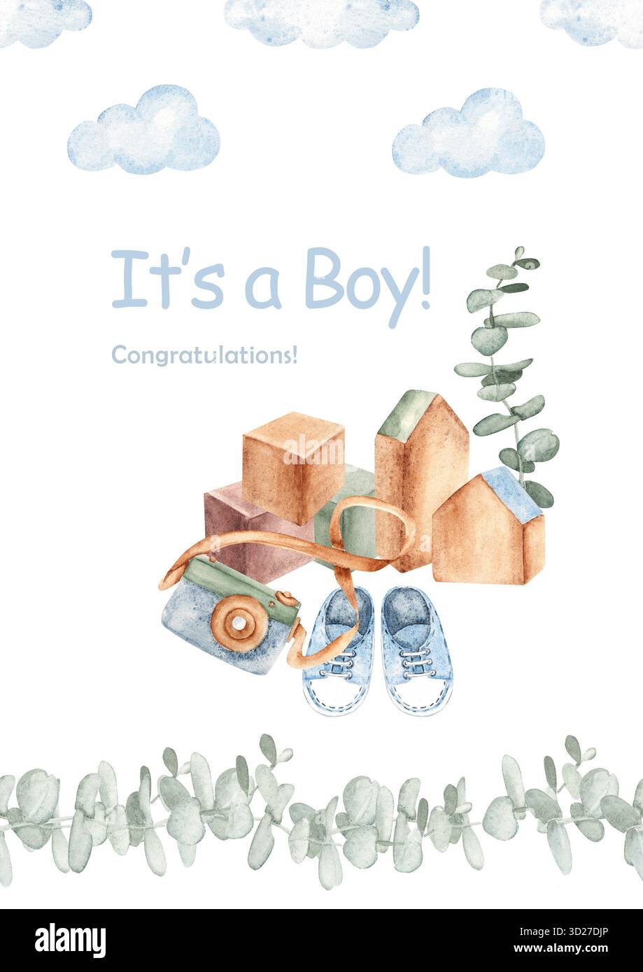 La doccia per bambini con acquerello è un invito per un bambino con giocattoli in legno, macchina fotografica per le scarpe blu ed eucalipto. Perfetto per le feste dei neonati o. Foto Stock